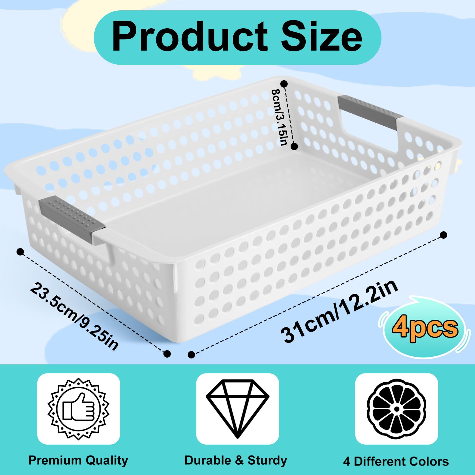 Cptoion Turn in Trays Classroom,4 Pack Paper Trays for Classroom,Plastic Storage Baskets with Handles,Colorful Classroom Organization and Storage Paper Tray Holds for Drawers, Office, Home(White)