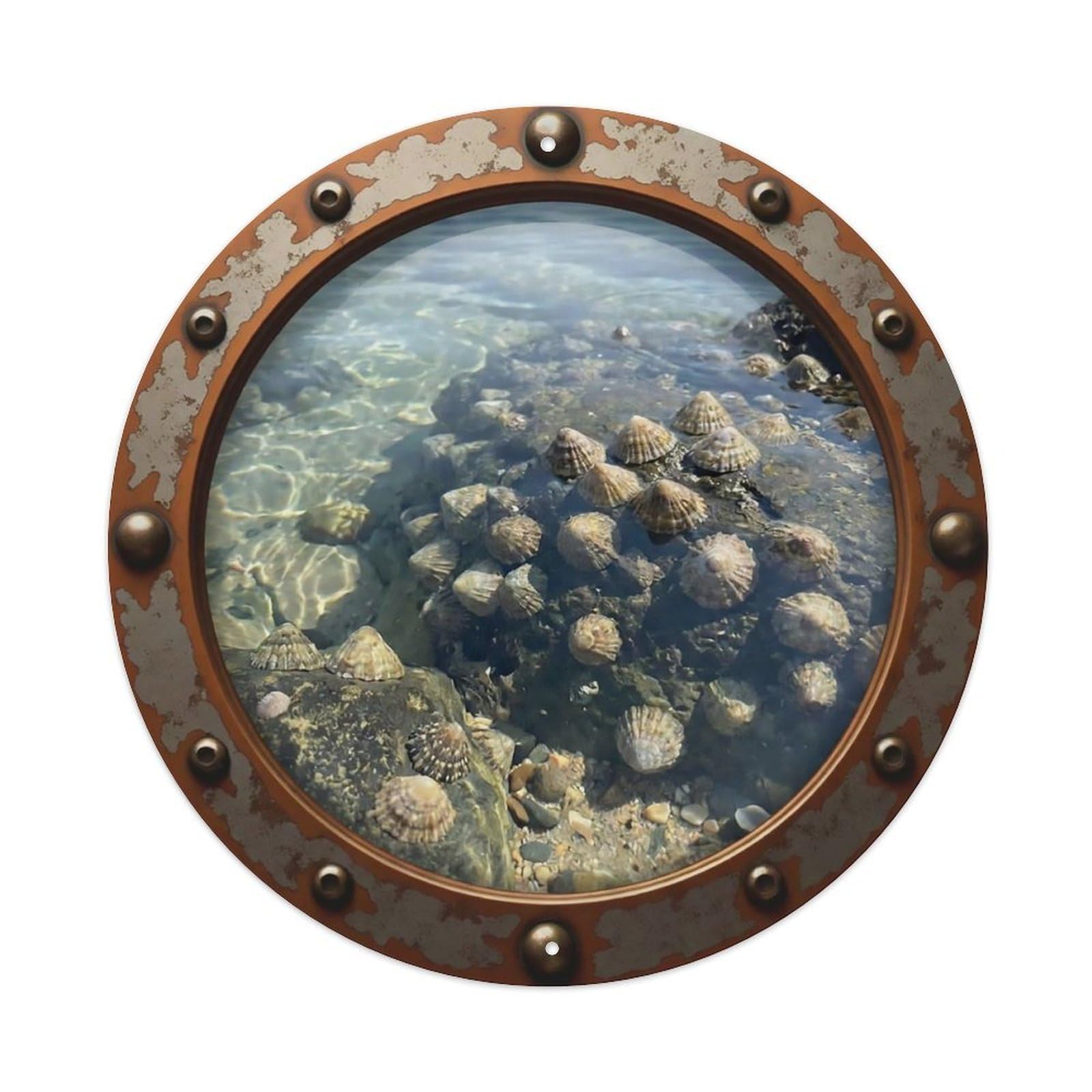 Vintage Porthole Limpet Shells Nautical Window View Metal Tin Sign
