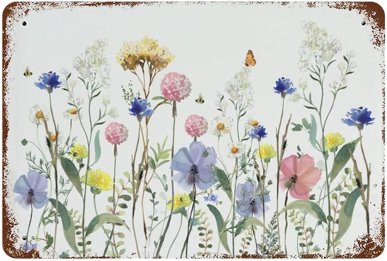 Kisoyo Spring Watercolor Wildflowers Metal Tin Sign Retro Coffee Wall Decor Metal Plate For Bathroom Coffee Shop Decor Bar Man Cave Garage Home Decor Plaque Tin Sign 8X12 Inch