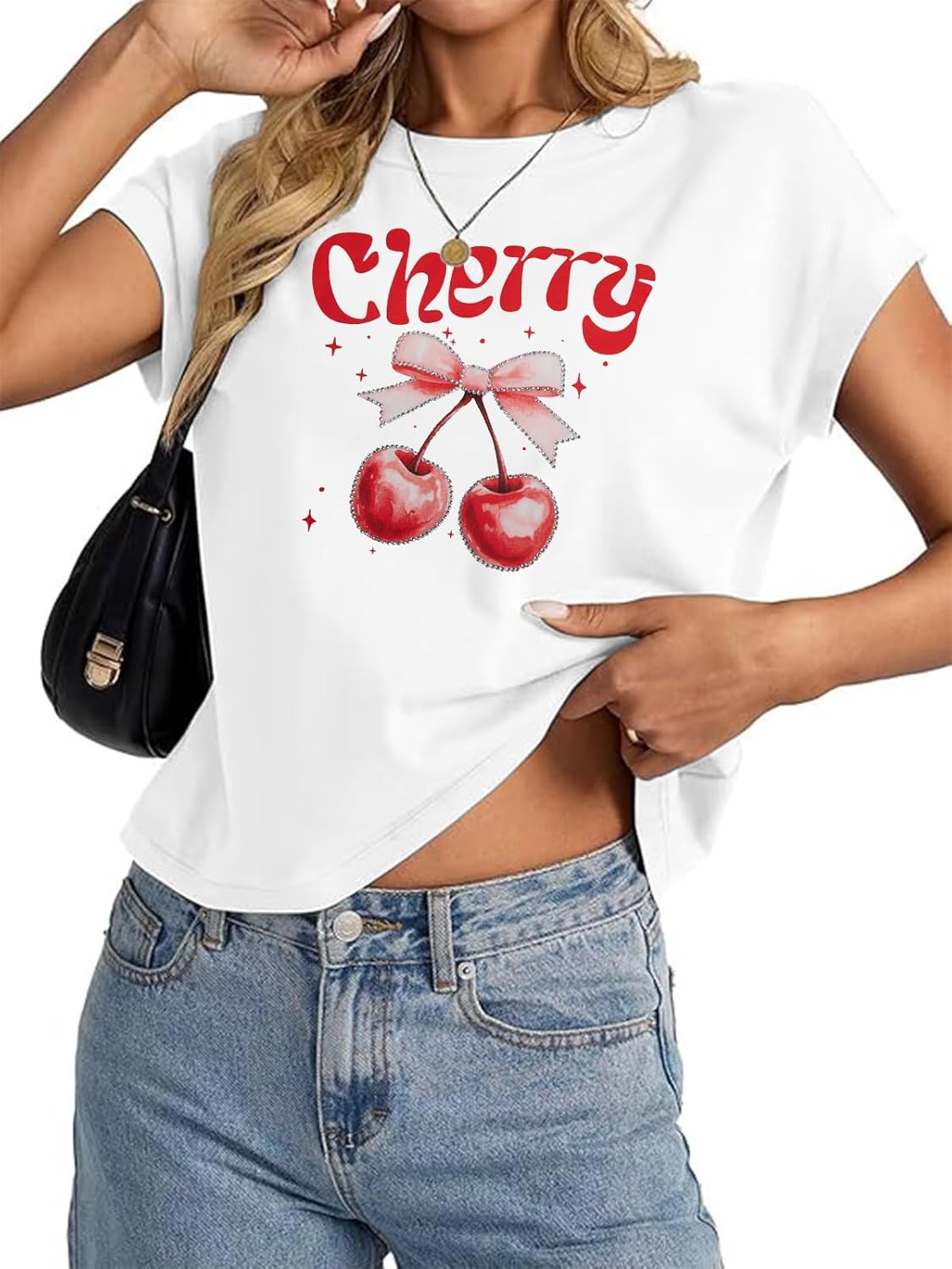 Cherry Shirt Women Pink Coquette Bow Cap Sleeve Crop Top Y2K Sequins Cherry Graphic Shirts Cute Aesthetic Summer Tshirt - Image 3