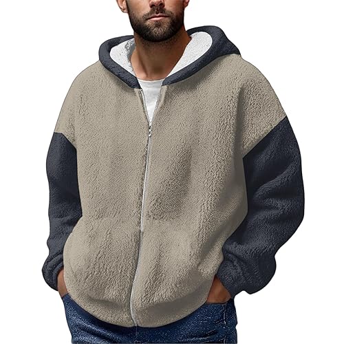 Men's Sherpa Fleece Jacket, Color Block Hooded Sweatshirt, Warm Zip