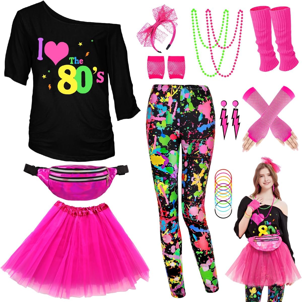 WlLDPARTY 80s Outfit Women Costume Accessories Set, T Shirt Leggings Tutu Skirt Fanny Pack Headband Fishnet Gloves Legwarmers