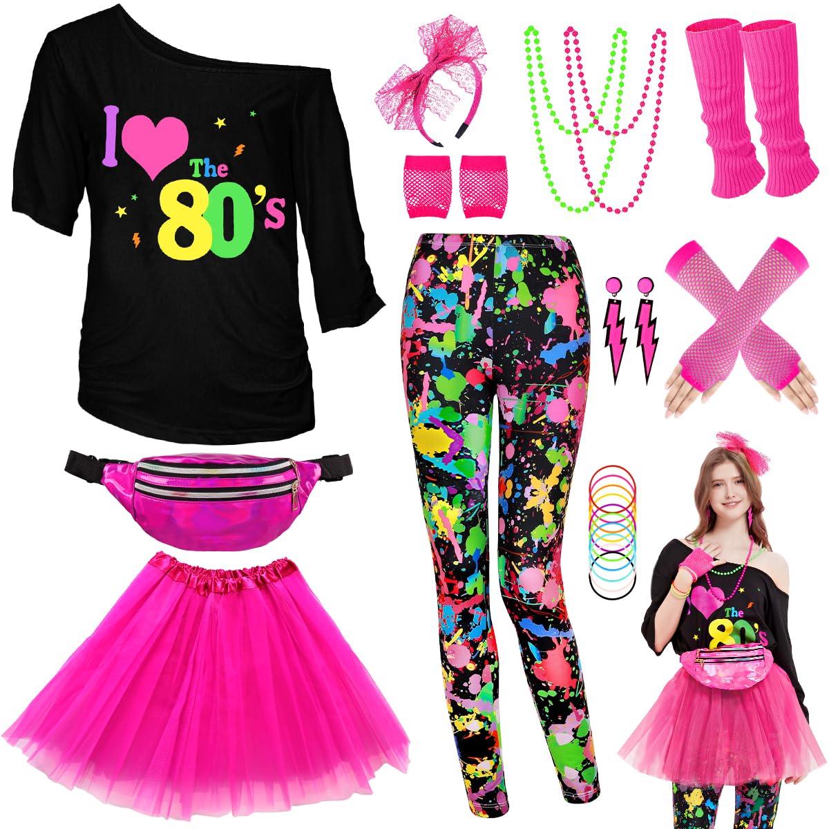 80s Fancy Dress For Women, I Love 80s T-shirt, Tutu Skirt, Leggings, Leg Warmers, Necklace, Fishnet Gloves, Neon Costumes Accessories for Retro Theme Party Cosplay