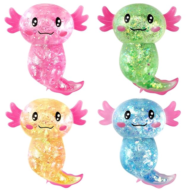 4 Piezas Axolotl Squeeze Stress Toys- Juguete antiestrés con Purpurina