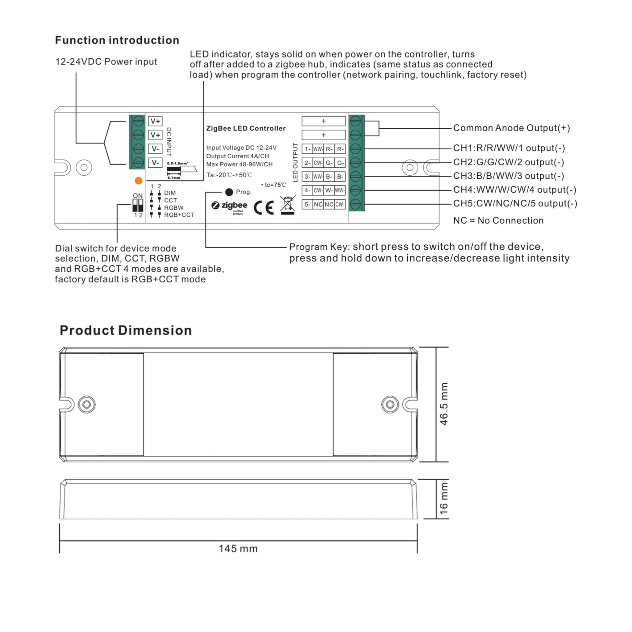 CONNEX Zigbee Dimmer einfarbige/CCT/RGB/RGBW/RGB+CCT 12-36V DC bis 4x5A