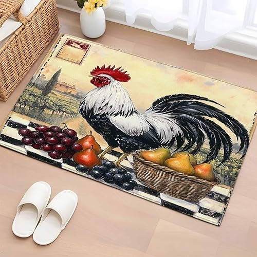 Miniatura 13 de 3ft Round Rug, Rooster Non-Skid Rubber Backing Large Area Rugs - Living Room Bedroom Home Office, Retro Pastoral Animals Watercolor Indoor Floor