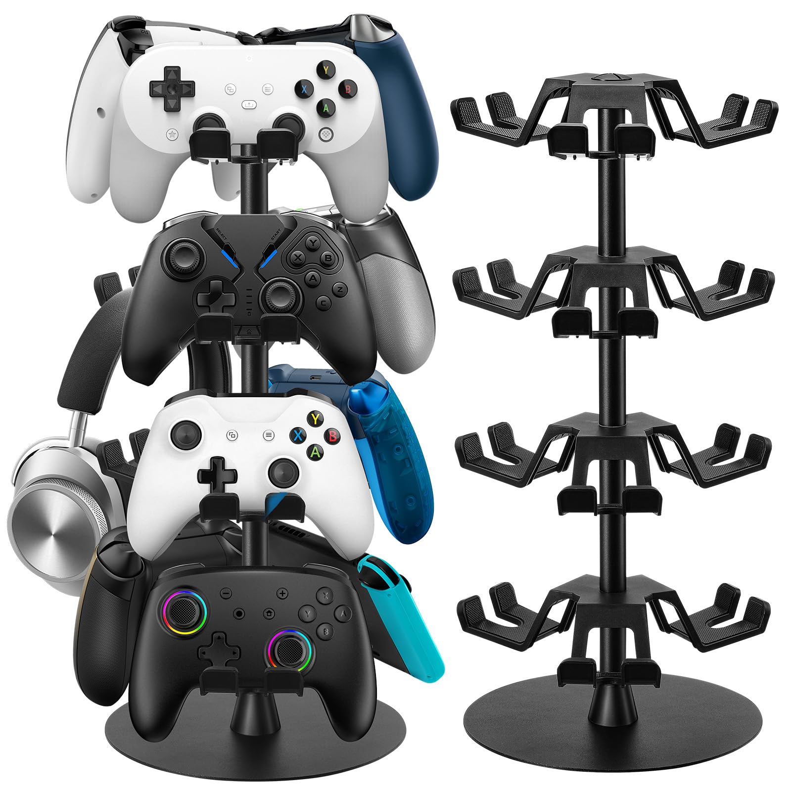 Jcocylse Stojak na kontroler ze stojakiem na słuchawki – dekoracja gamingowa pasuje do PS5, PS4, Switch Pro – oszczędność miejsca akcesoria gamingowe (4 poziomy)
