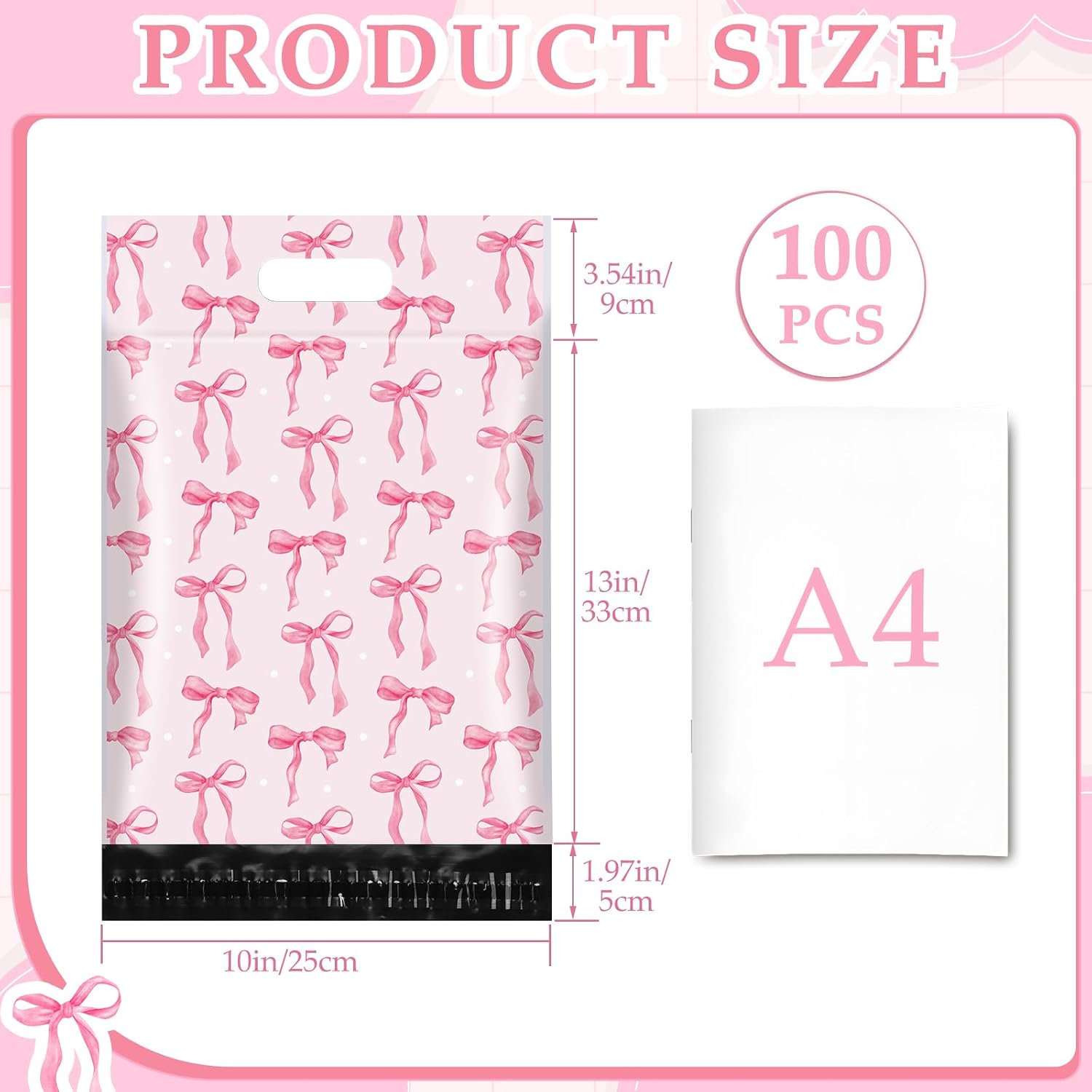 100Pcs Pink Bow Poly Mailers 10x13 Inch Waterproof Pink Shipping Bags with Build-in Handle Heavy Duty Tear-Resistant Self Adhesive Mailing Envelopes Bulk for Small Business