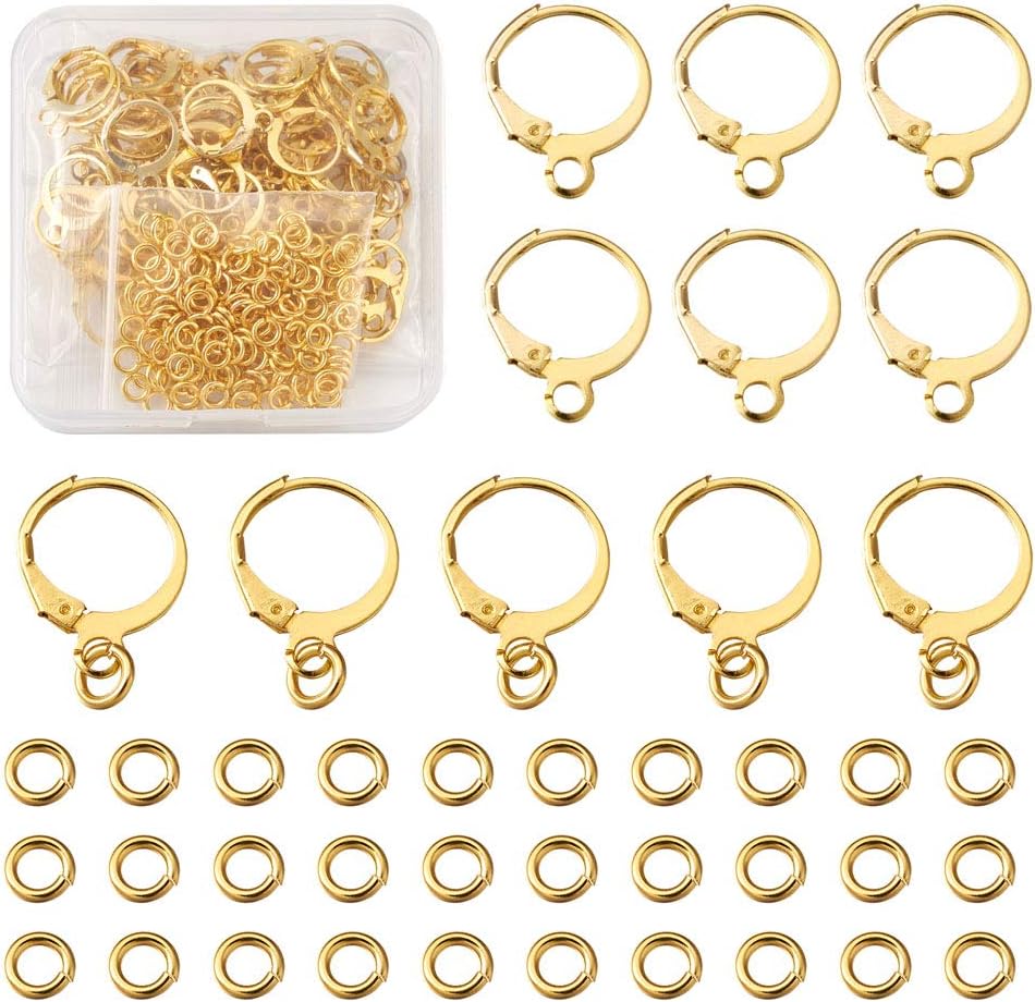 Cheriswelry 100pcs Brass Leverback Earrings Findings & 150pcs Close but Unsoldered Jump Rings Lever Back Ear Wires Huggie Hoop Earring Finding Golden Hoop Earring for DIY Earrings Jewelry Making
