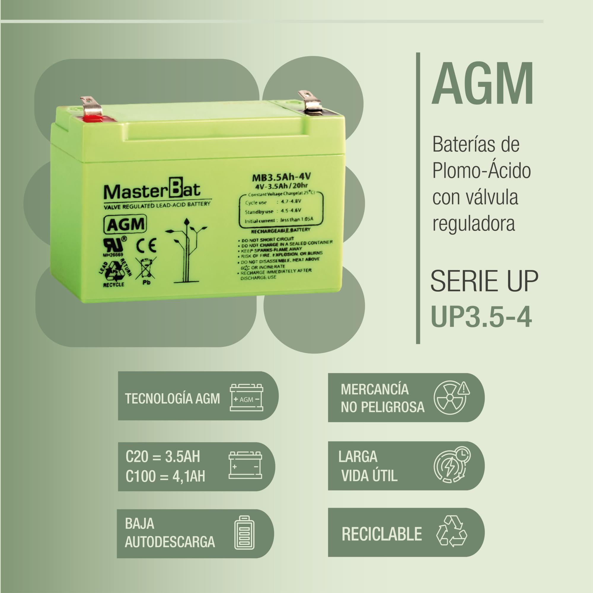 Master U-Power Batterie Plomo AGM 3,5 Ah 4 V