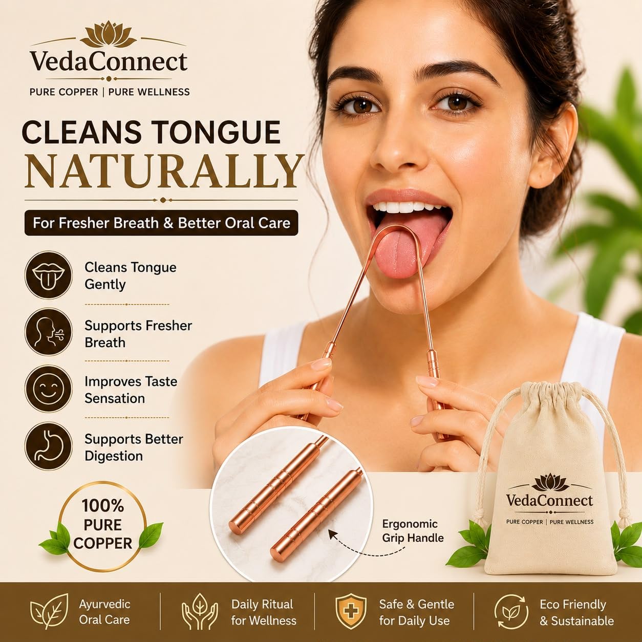 Tongue Scraper with Pouch Easy to Use Tongue Scraper for Adults, Tongue Cleaner for Oral Care & Hygiene Copper Set of 2