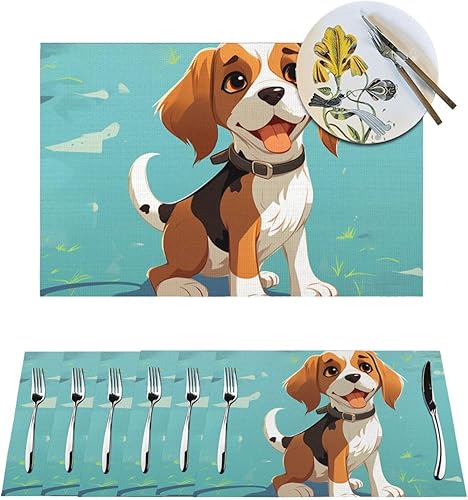 6 PCS PVC Placemats Set Place Mats Cartoon Beagle Dog Non-Slip Weave Place Mats 12" x 18" Farmhouse Table Mat Set for Family Dinners Wedding Parties