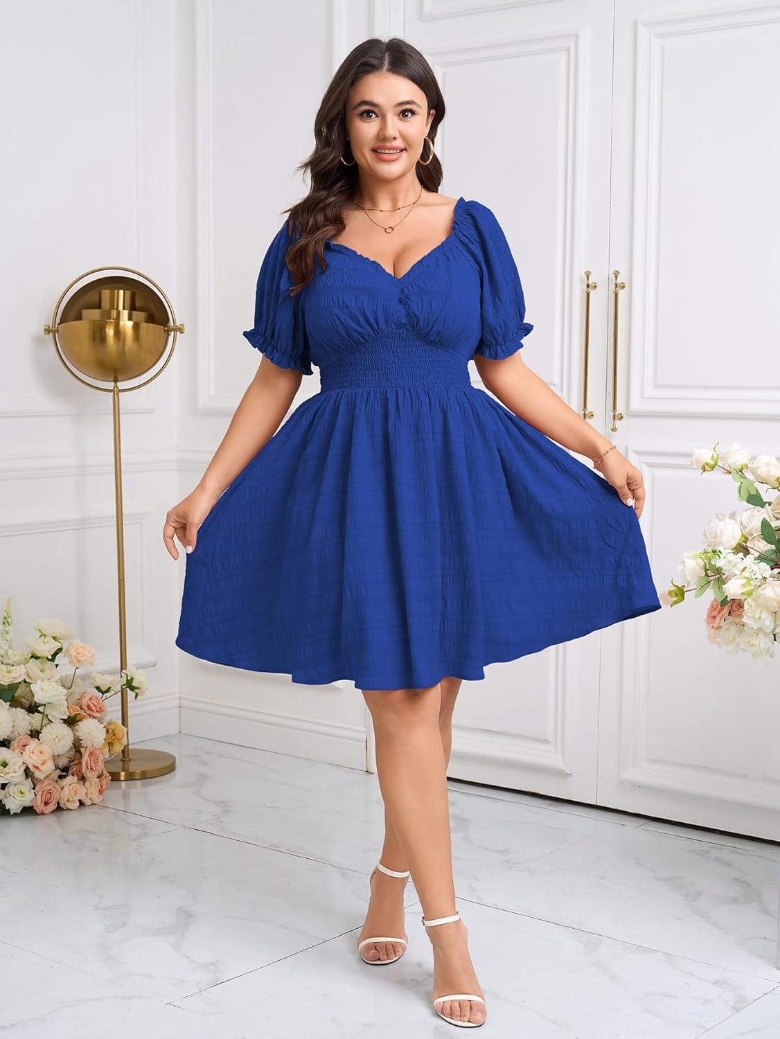 SCOMCHIC Womens Plus Size Summer Dresses Casual Sun Dress Sweetheart V Neck Puff Short Sleeve Smocked A Line Mini Dress - Image 3