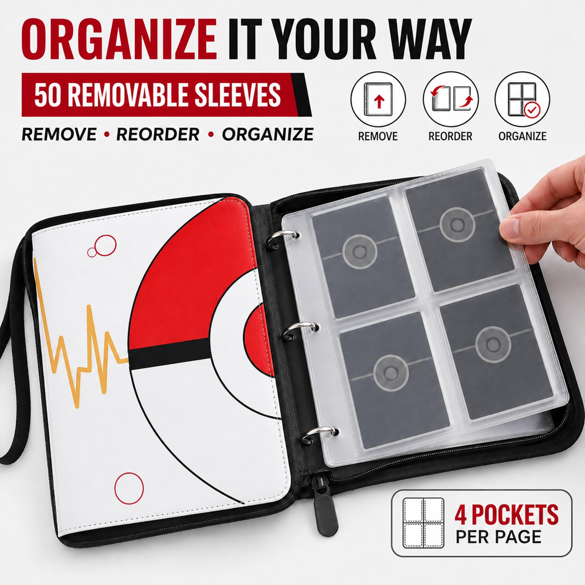 Raccoglitore di carte collezionabili con 4 tasche, album di carte da collezione con 50 maniche rimovibili, raccoglitore con cerniera per 400 carte, protezioni impermeabili per sport, TCG, carte