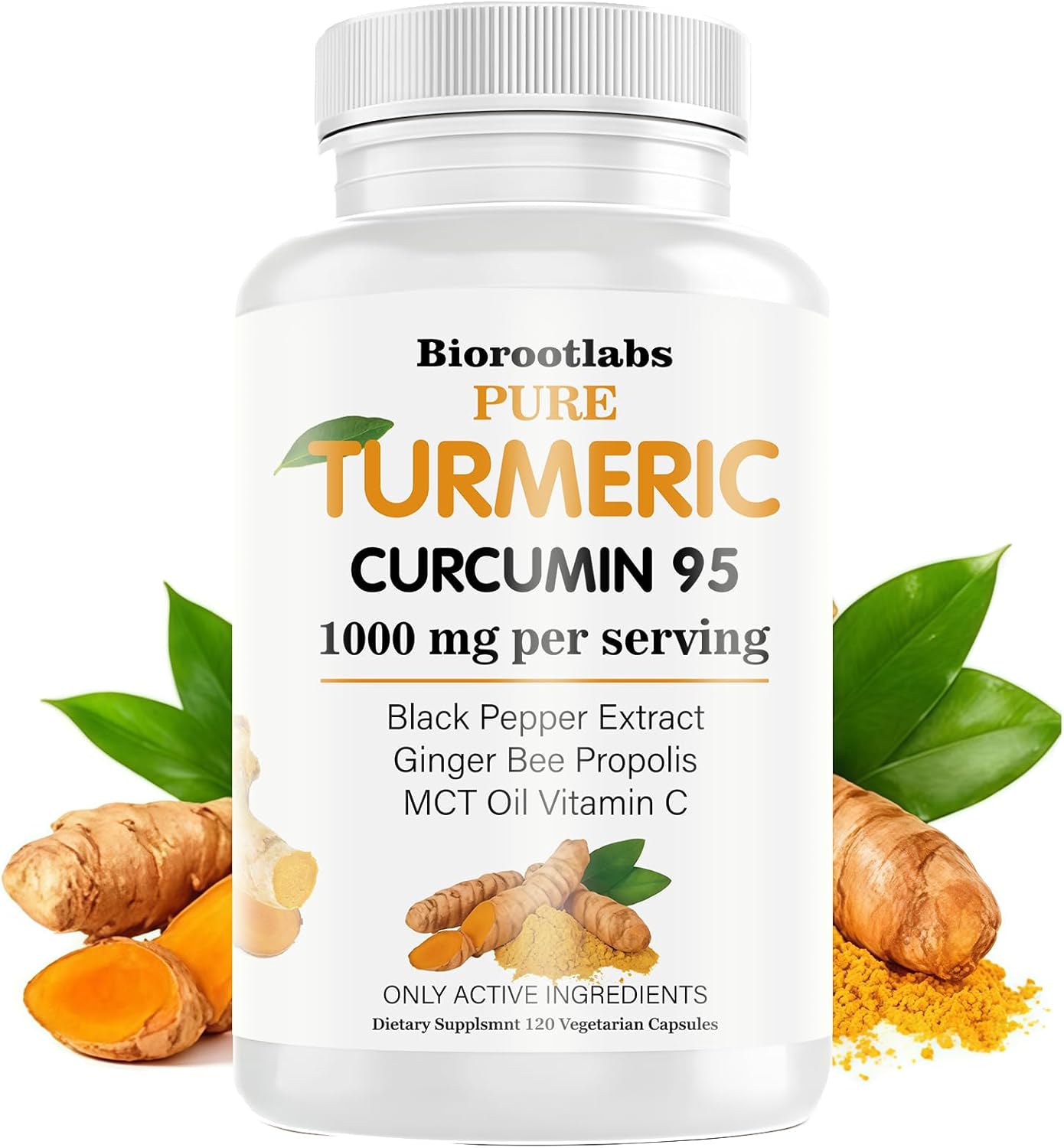 Biorootlabs Turmeric Curcumin | Pure Turmeric Curcumin Supplement 1000mg | 95% Curcuminoids with Bee Propolis, Ginger, MCT Oil, Fat Soluble Vitamin C, & Black Pepper 120 Capsules (1)