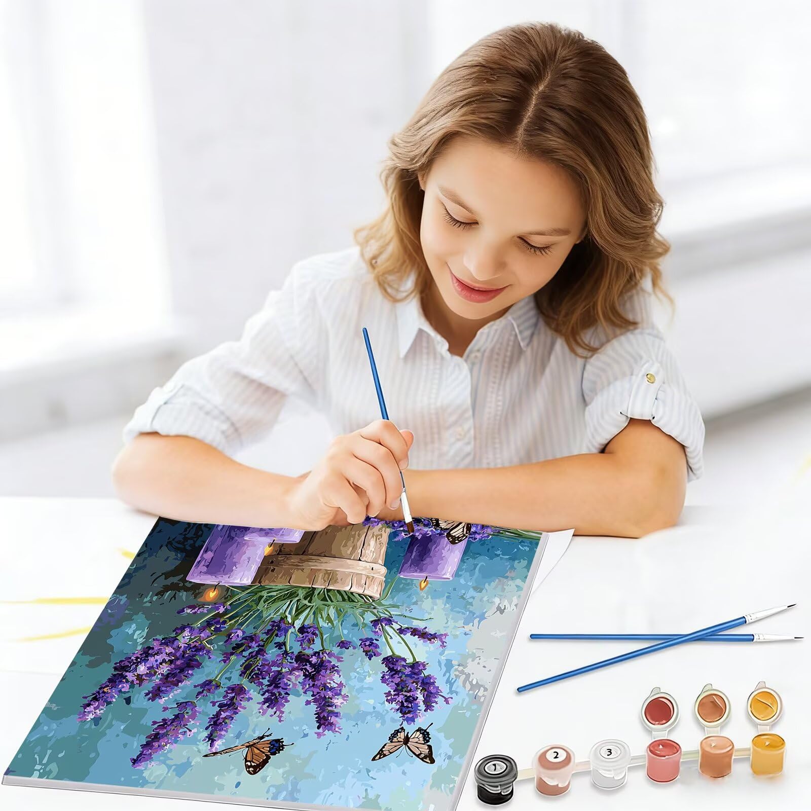 Malowanie po numerach Lawenda, 90x120cm Malowanie według numerów Kwiat dla dorosłych, Bezramowe, Zestaw do malowania olejnego na płótnie z 3 pędzlami, Pigment akrylowy, Malowanie według numerów