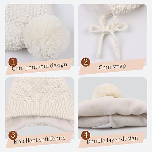 Miniatura 5 de Sombrero de invierno para bebé niña con forro de lana para niños pequeños, gorro de punto con orejeras con pompón, de 0 a 8 años