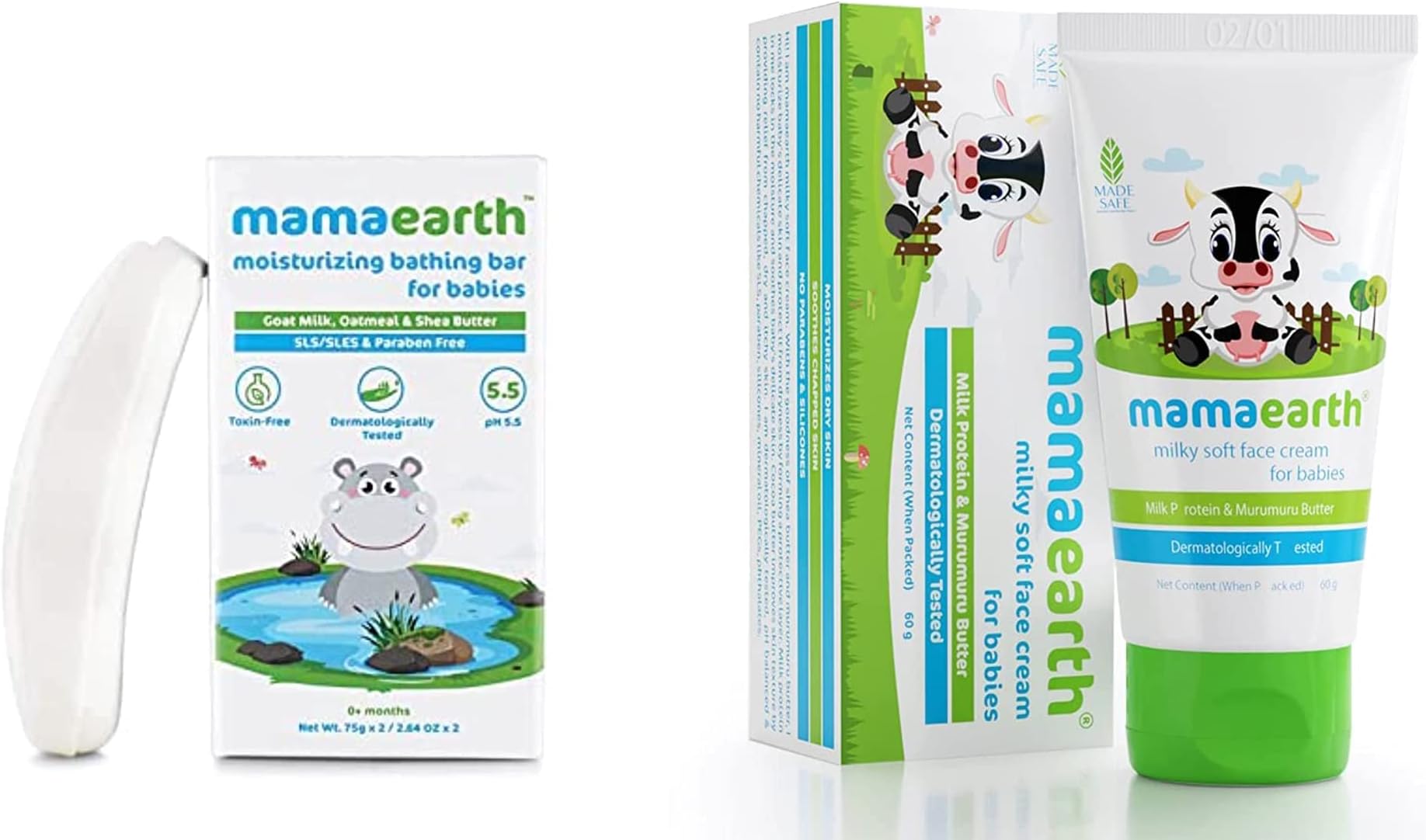 Moisturizing Baby Bathing Soap Bar, pH 5.5, with Goat Milk & Oatmeal. Pack of 2, 75gms Eac & Milky Soft Natural Baby Face Cream for Babies 60mL