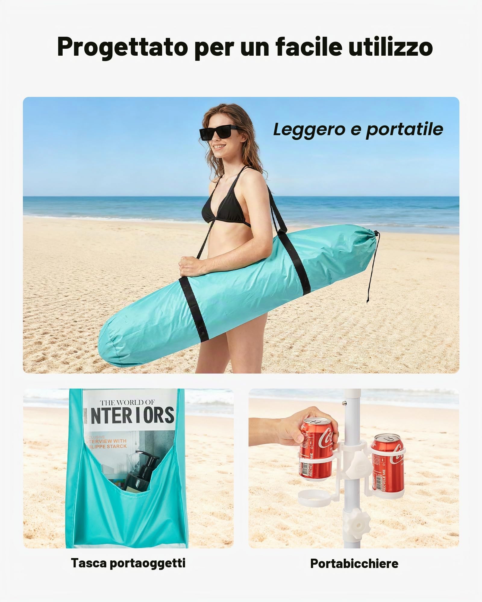 VEVOR Tenda da Spiaggia da 2400 x 2400 x 2400 mm, con Parete Laterale, Facile da Montare, con Tasche per la Sabbia, Ombrellone Parasole Portatile Regolabile in Altezza per Famiglia e Amici, Verde
