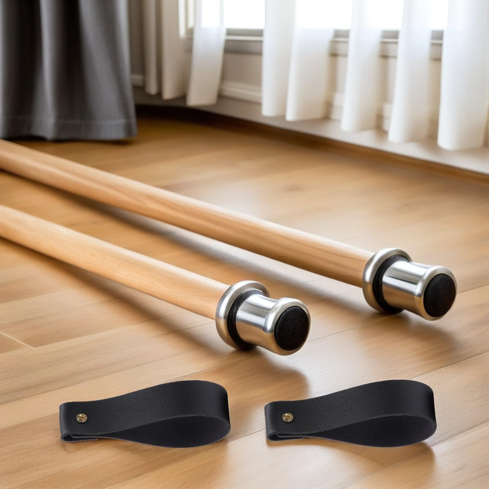 HOMSFOU Lot de 4 crochets muraux en cuir noir - Sangles de suspension fixées au mur - Support de tringle à rideau - Crochet de suspension - Pour maison de ferme et salle de bain