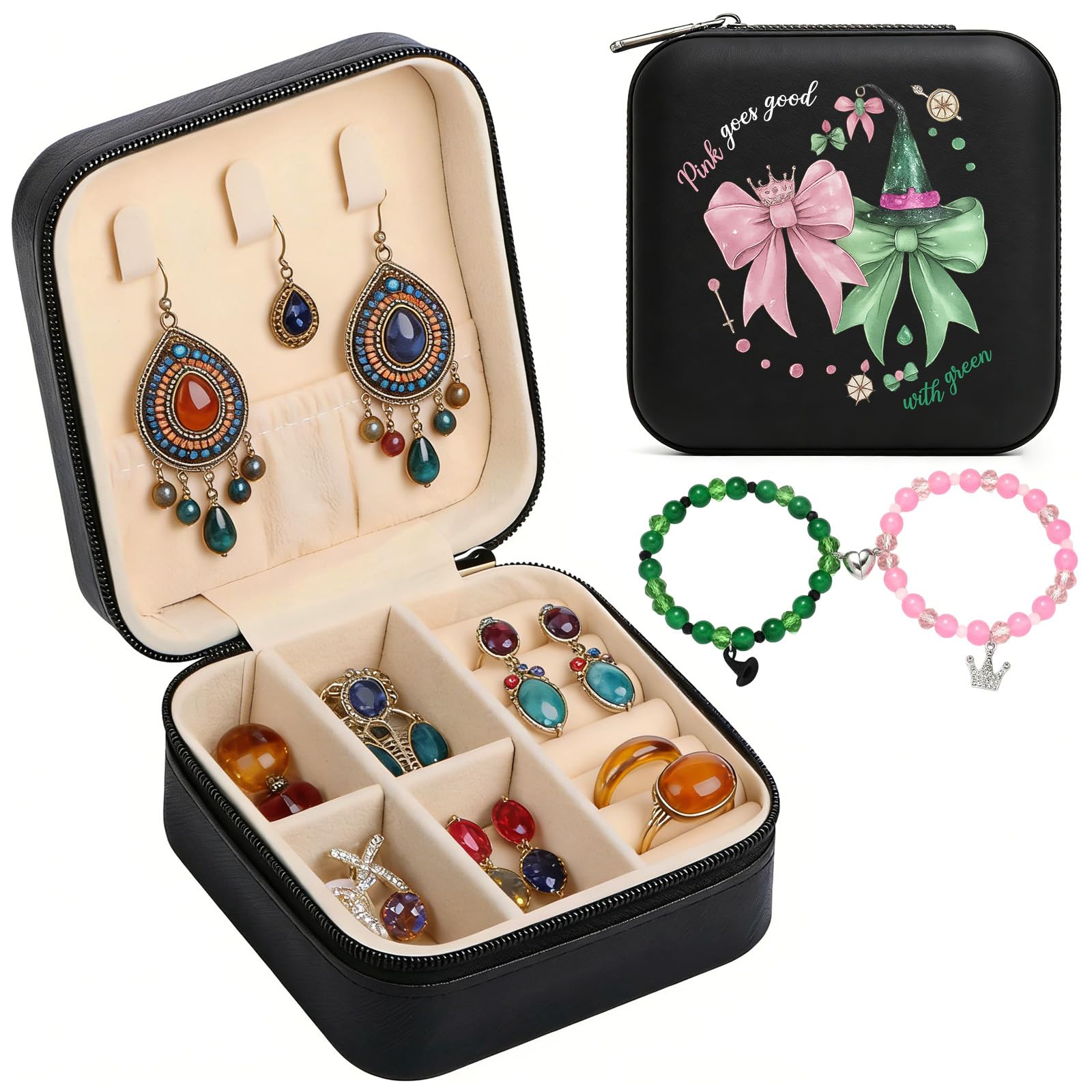 Witch Gifts Set for Girls Women, Witch Hat Themed PU Travel Jewelry Case with Friendship Bracelets, Jewelry Organizer Box for Earring Necklace Rings, Jewelry Gifts for Girl Wife Mom Musical Fans