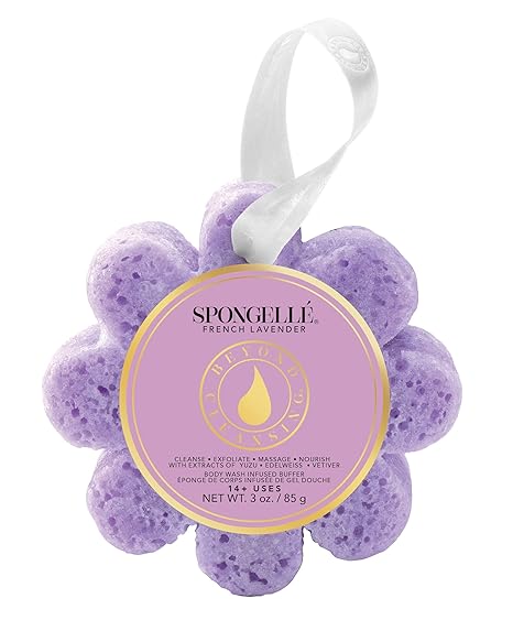 Spongelle French Lavender Wild Flower Buffer Body Scrubber | Bath & Shower Loofah for Women | Exfoliator with Body Wash Infused Sponge | 14+ uses