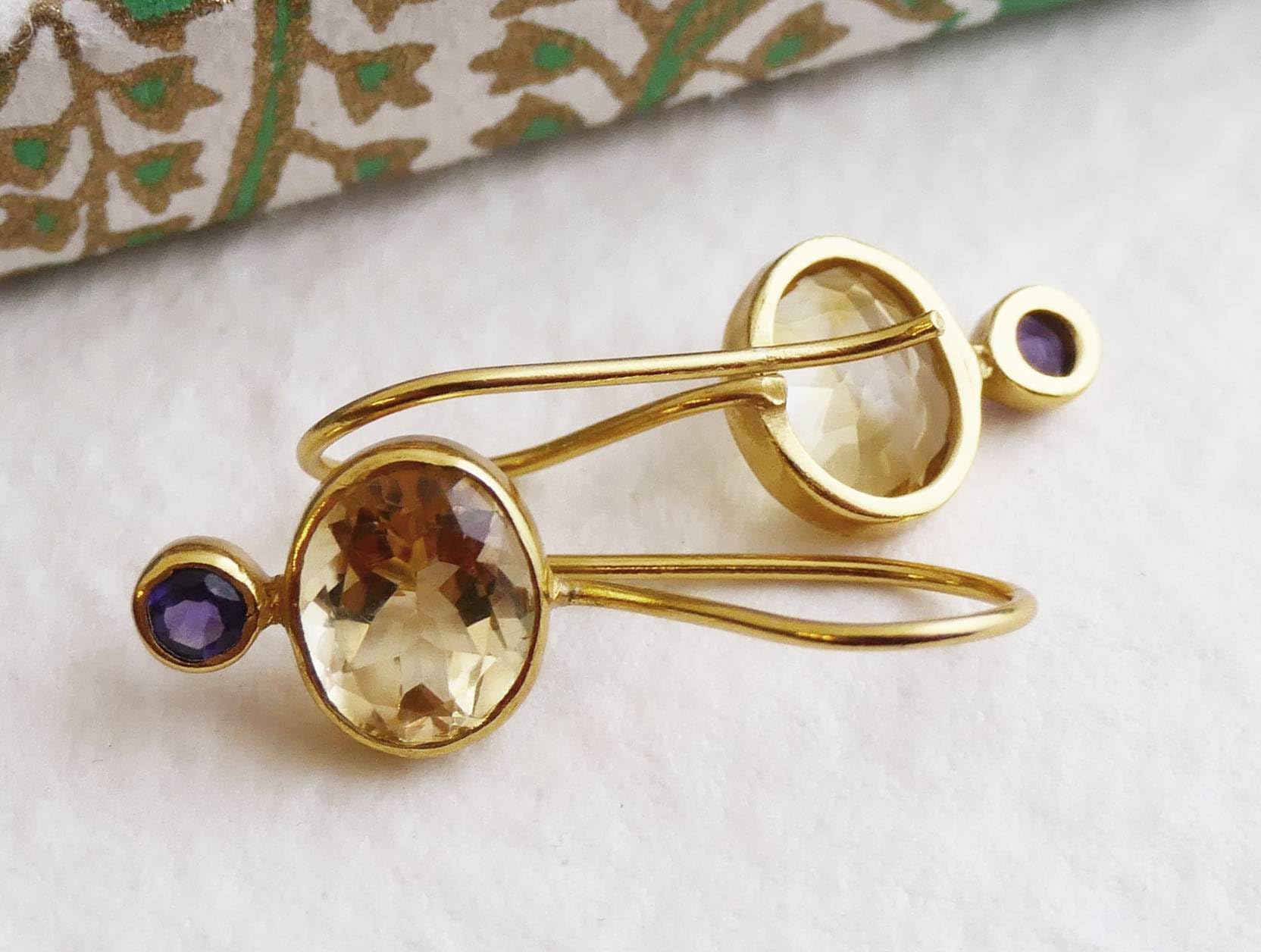 Orecchini in Argento Sterling Placcato Oro con Citrino e Ametista | Gioiello Elegante con Pietre Naturali per Look Raffinati e Luminosi