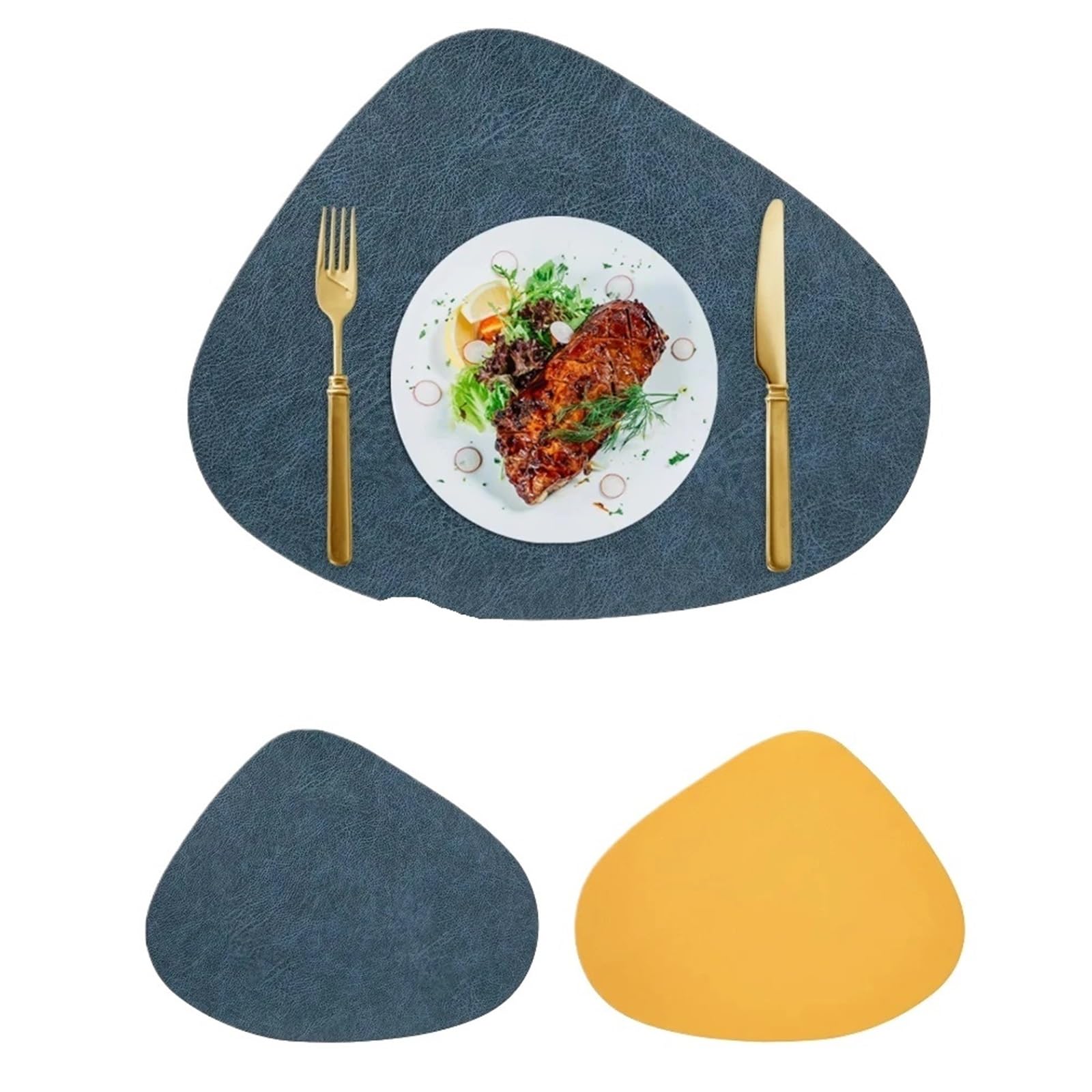 Placemats Leather Placemat,Teardrop Shape Cowhide Texture Double-Sided Non-Slip Nordic Style Place Mat Waterproof Resistant(Dark a-Yellow)