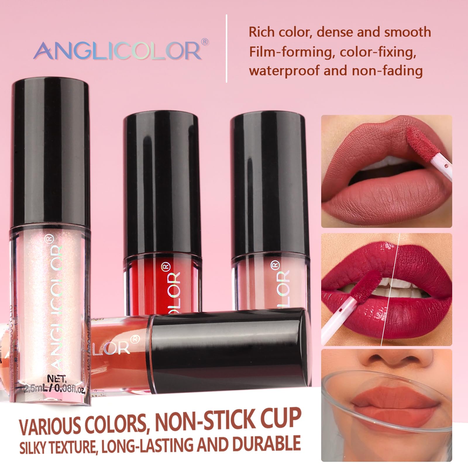 Anglicolor Lip Gloss Long-Lasting,Lipstick Set Highly Pigmented,Pink Lip Gloss Non-Stick Cup,Lip Gloss Set,Easy Application,Smooth Application,Not Flake Off,12 Colors,Vegan & Cruelty-Free (12Color) - Image 2