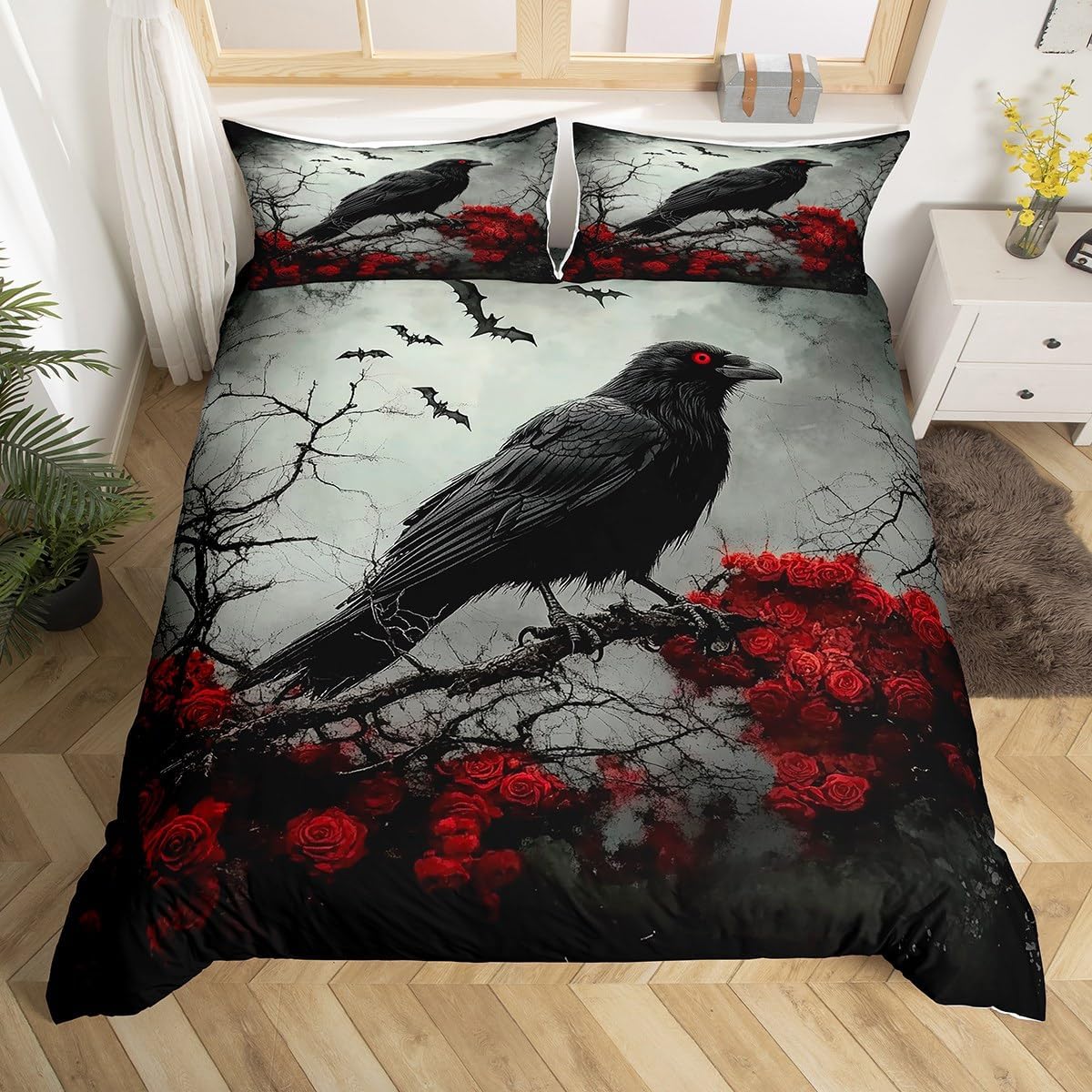 Trippy Crow Kids Duvet Cover Set Toddler Size,Roses Flowers Dark Clouds Psychedelic Bedding Set,Boys Girls Room Decor,Halloween Skull Skeleton Comforter Cover,Black Quilt Cover,1 Pillowcase(No Filler)