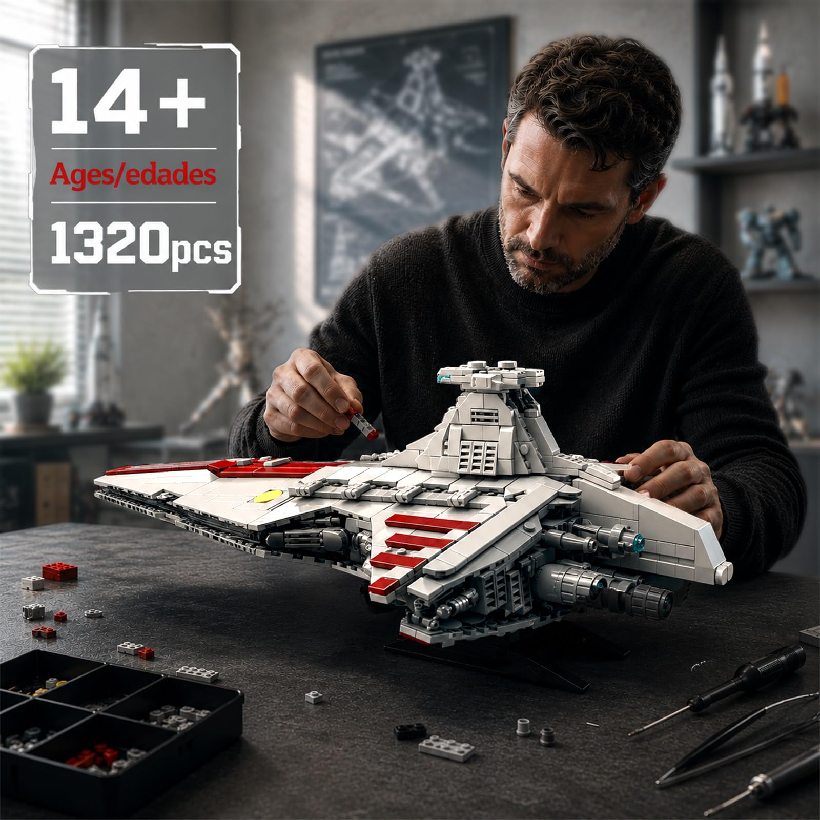 Mould King 21074 Großes Venator-Klasse Republik Angriffskreuzer Bausteine, 1320 Teile Technik Star Destroyer MOC Raumkreuzer Klemmbausteine Set Kompatibel mit Venator-Klasse Sternenzerstörer