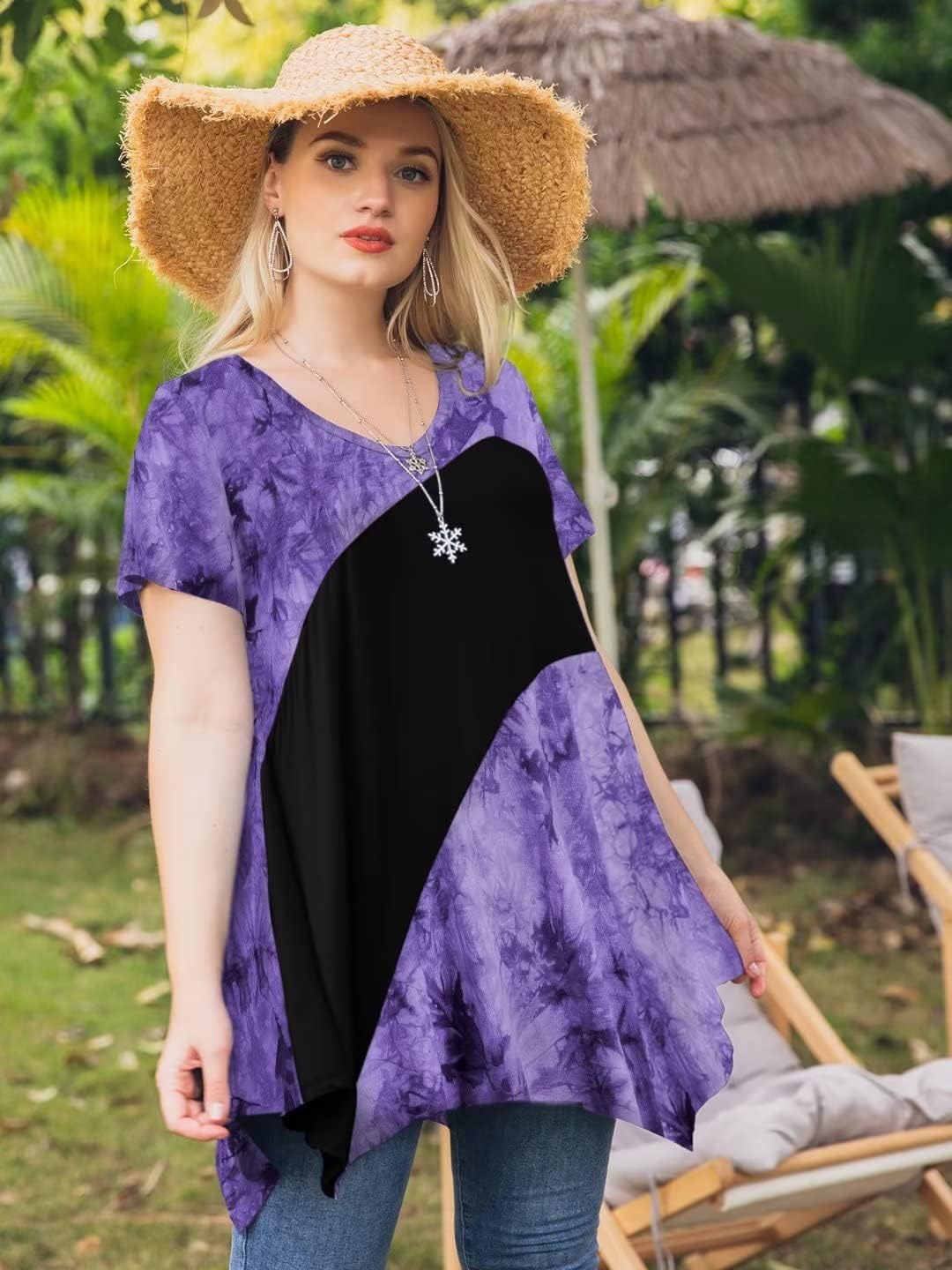 LARACE Plus Size Tops for Women V Neck Summer Shirt Short Sleeve Blouses Patchwork Tunics - Image 4