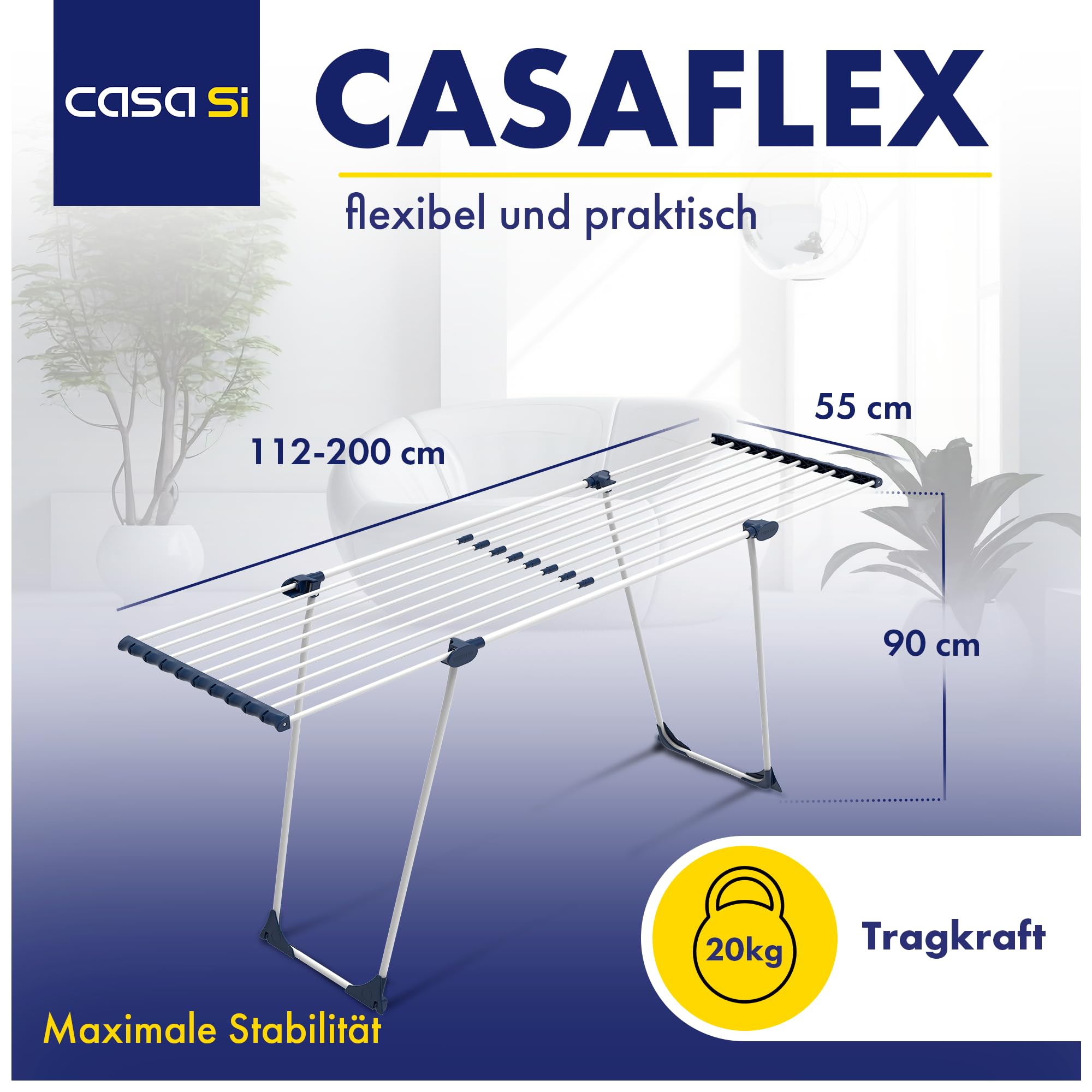 CasaSi® CasaFlex – Teleskop Wäscheständer 20m – ausziehbar & platzsparend – Wäscheständer Weiß aus legiertem Stahl für Kleidung, Bettwäsche und Handtücher | Wäscheständer Weiß aus legiertem Stahl für Kleidung, Bettwäsche und Handtücher