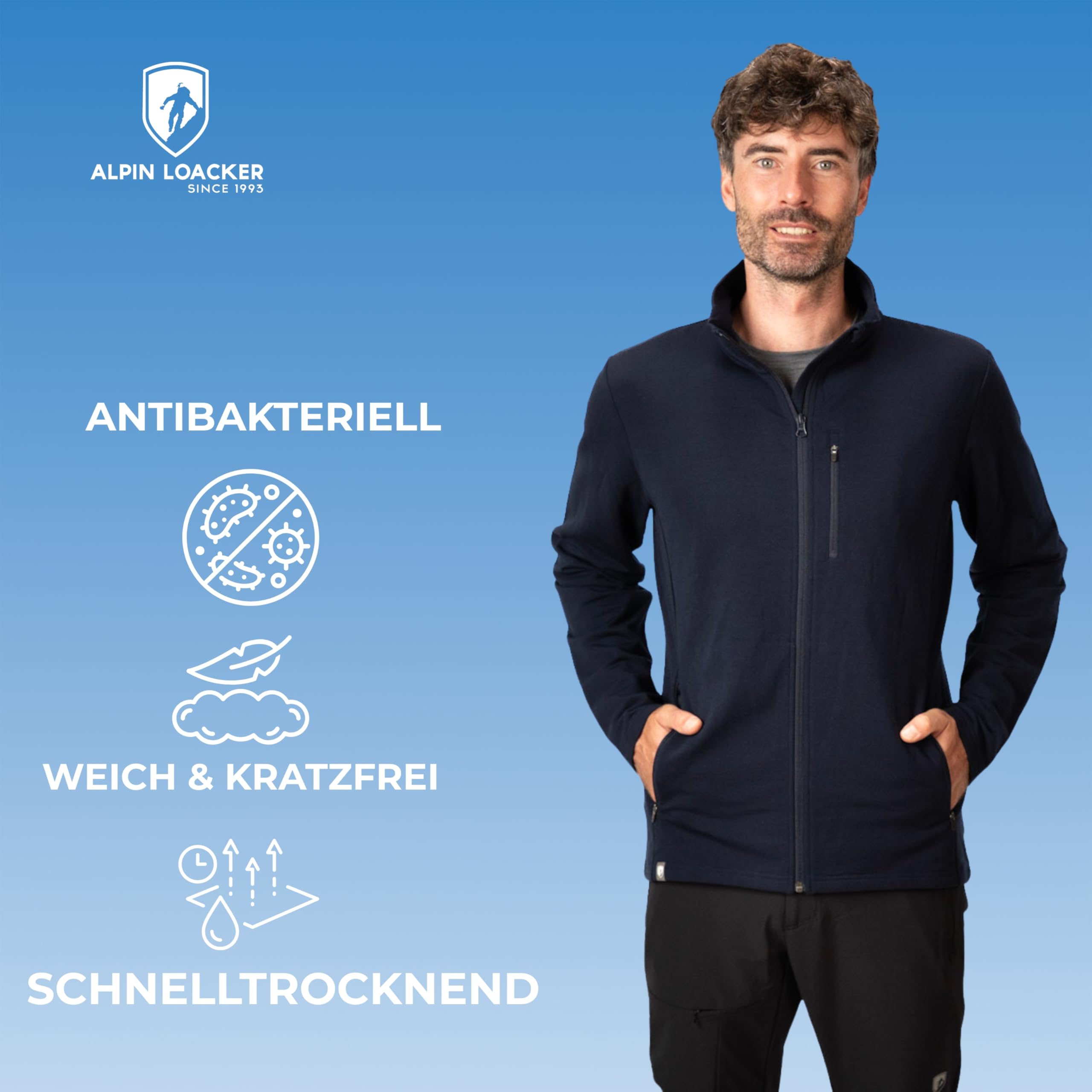 ALPIN LOACKER Merino Jacke Herren I Merinowolle Baselayer für Outdoor Sport und Freizeit I Wolljacke und Ski Midlayer