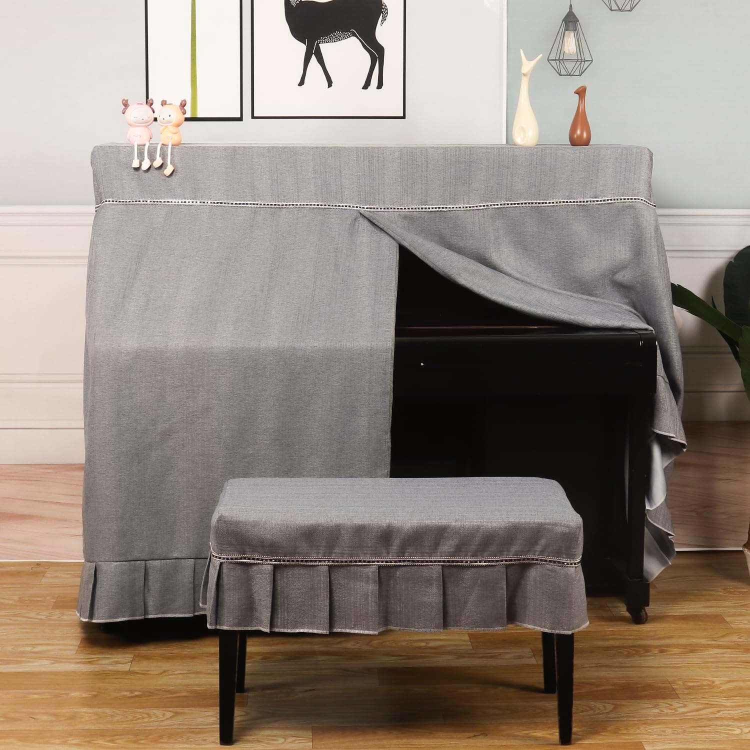 Elegant Upright Piano Cover（ don‘t with Bench Cover）, Gray Thickened Fabric, Decorative Lace Trim, Center-Opening Design, Full Protection,Center-Opening Design for Most Upright Pianos