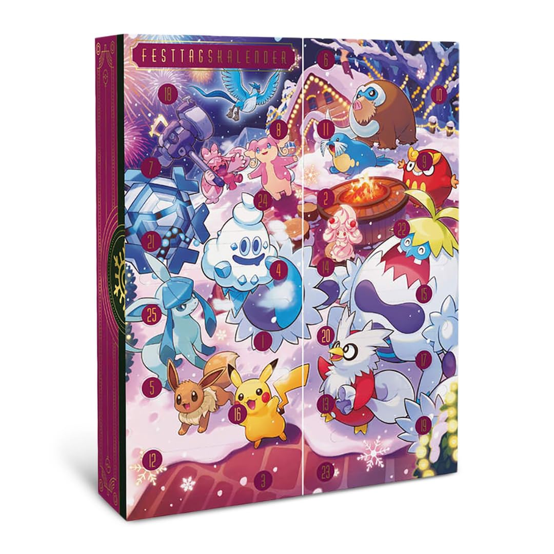 Pokémon Sammelkartenspiel Adventskalender 2025 Festtagskalender mit 25 Überraschungen (Holo-Karten, Boosterpacks, Funpacks, Münzen, Stickerbögen)