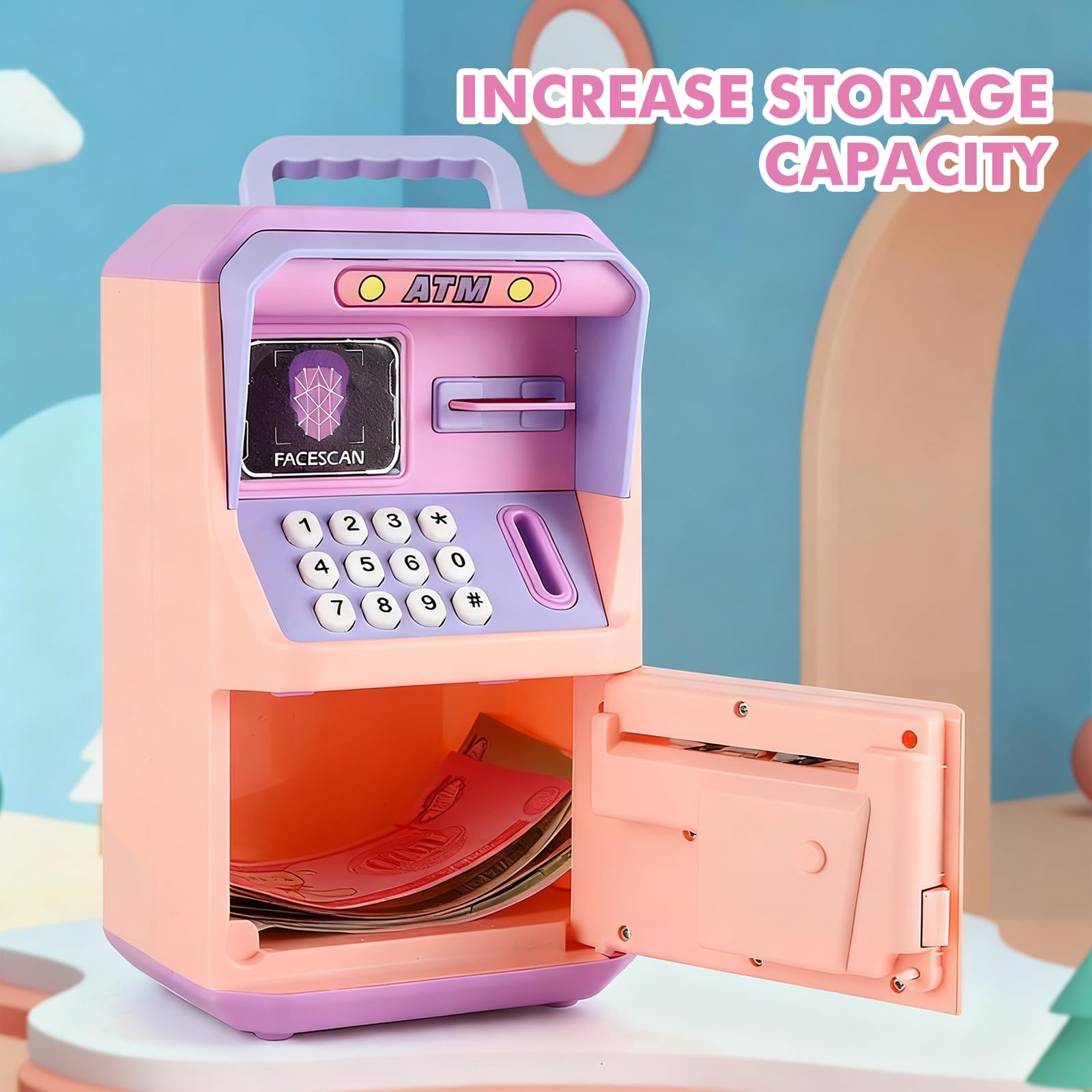 Salvadanaio Elettronico, Cassaforte Salvadanaio Elettronico con Codice, Mini Bancomat con Musica, ATM Digitale Automatico Regalo di Compleanno(Rosa)