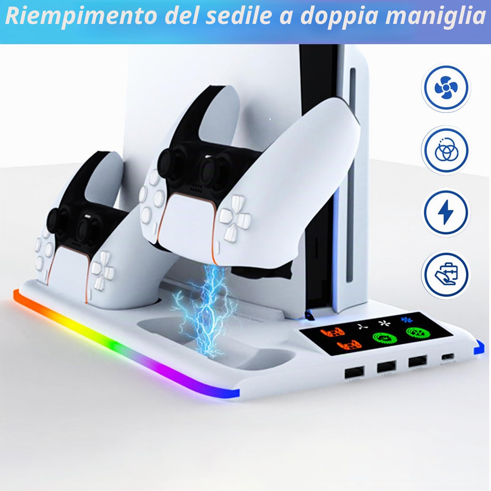 Supporto Verticale per PS5/PS5 Slim, Supporto Raffreddamento per PlayStation 5 con 3 Livelli di Ventola, Stazione Ricarica per Controller Doppi / Supporto per Cuffie / Luce RGB per PS5/Digital Edition