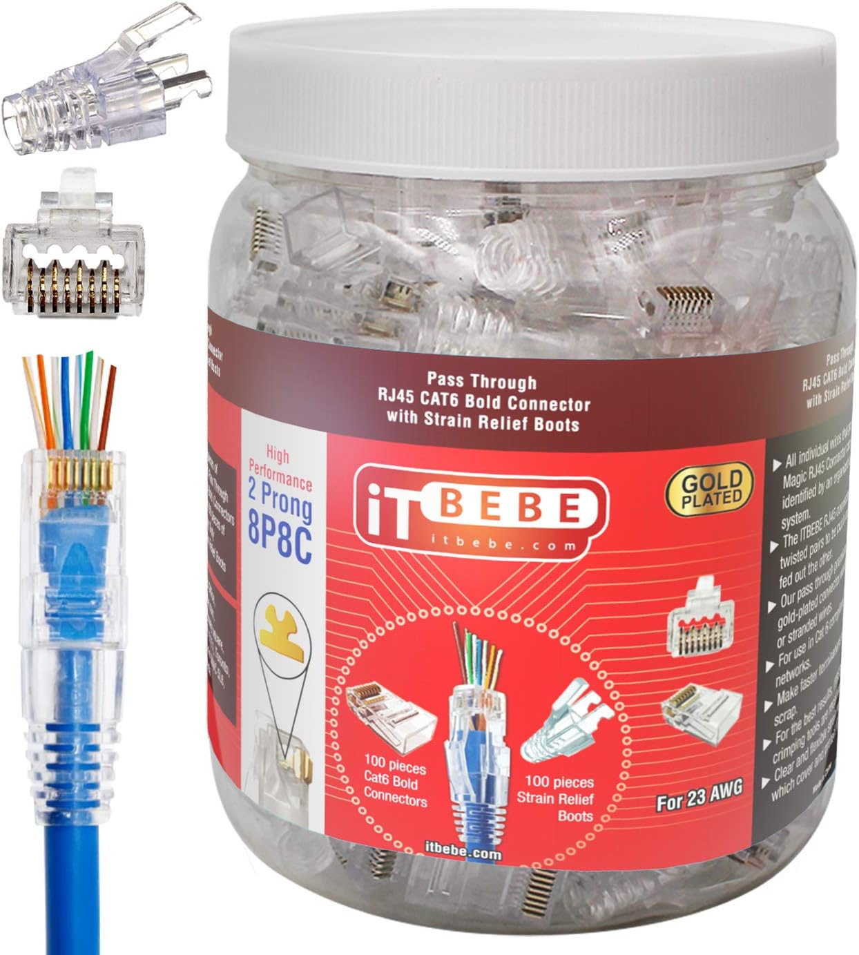 ITBEBE 100/100 RJ45 Cat6 Cat6a Pass Through Connectors for 23 AWG Cables - 100 Cat6 Passthrough Connector Ends and 100 Clear Strain Relief Boots for Clean, snag-Free Ethernet Patch Cord