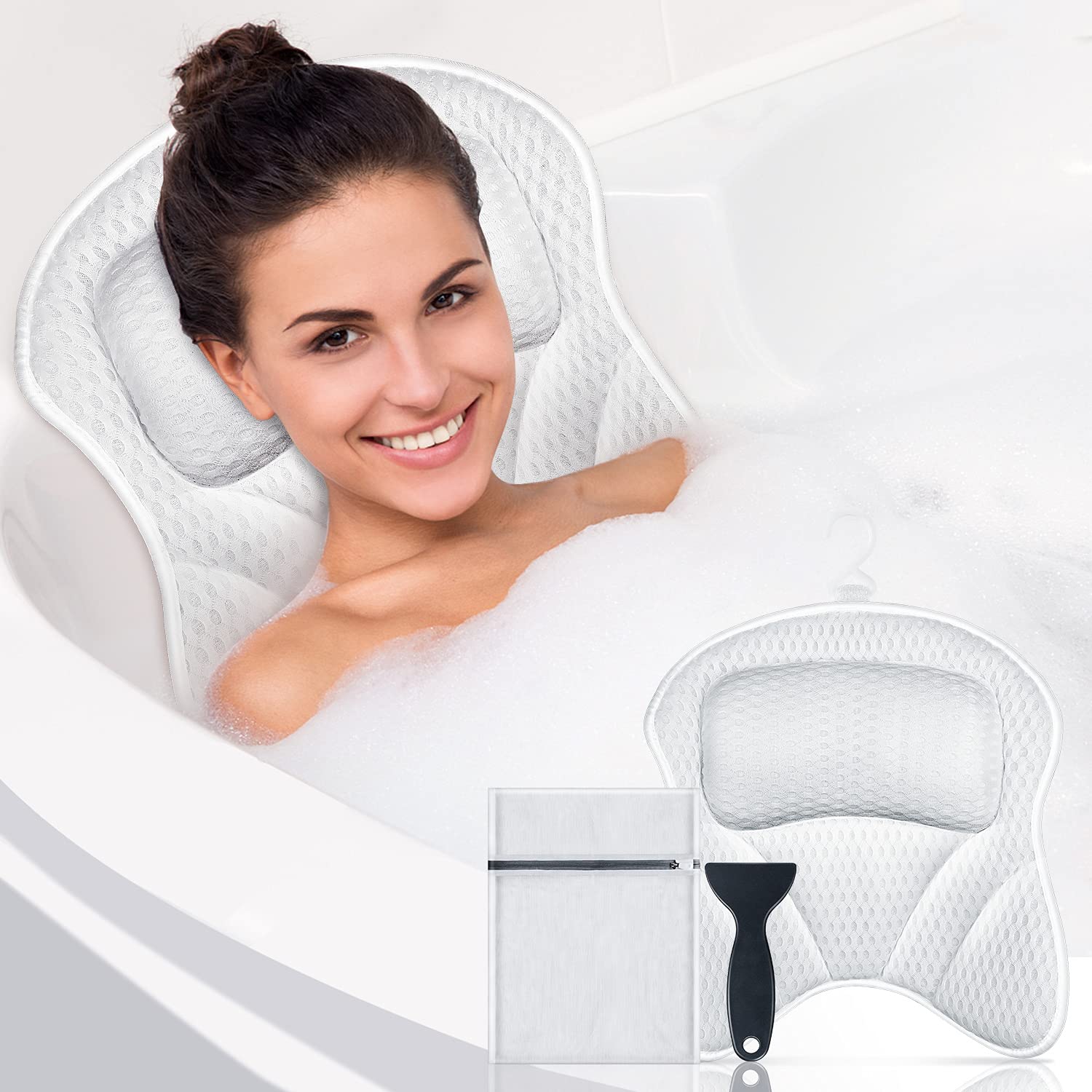 Powsure Bath Pillow for Tub, Luxury Bathtub Pillow for Head, Neck, Shoulder and Back Support, 6 Non-slip Suction Cups & 4D Air Mesh & Soft Breathable，Suitable for all Bathtub and Home Spa : Beauty