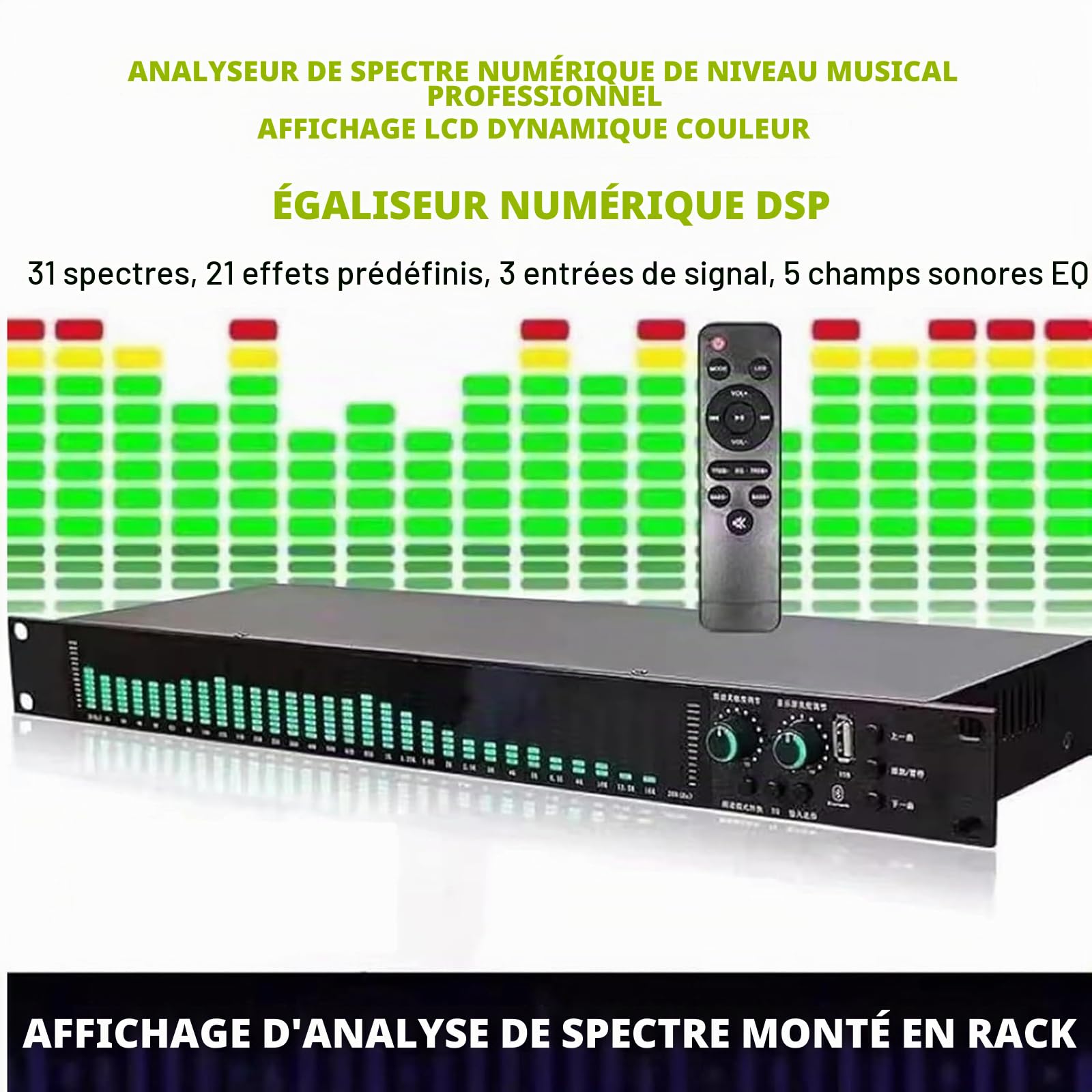 Égaliseur Numérique 31 Bandes, Égaliseur Audio Graphique Stéréo, avec 21 Effets Préréglés, Réglage des Graves/médiums/aigus, Réduction Automatique du Bruit, Montage en Rack 1U