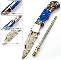 Vista 5 de AR Damascus - Cuchillo plegable de bolsillo hecho a mano para supervivencia al aire libre, hecho de mango de madera y acero de Damasco, junto