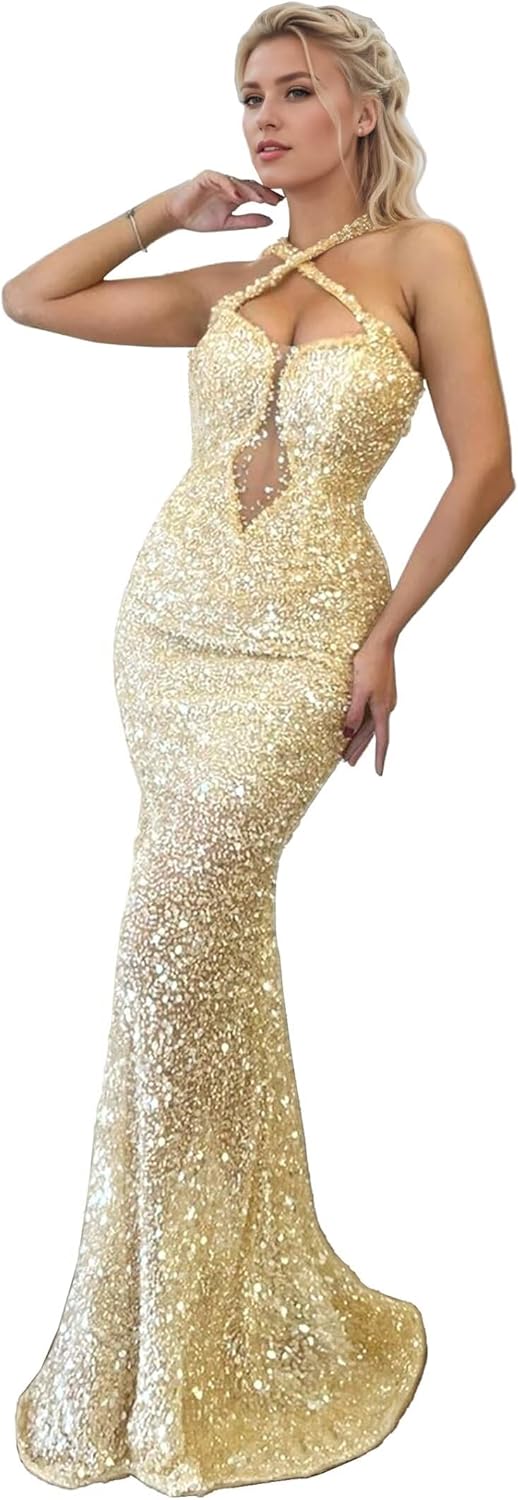 Halter Mermaid Prom Dresses Long Deep V Neck Sparkly Sequin Pleated Tight High Waist Formal Dresses Evening Party Gowns
