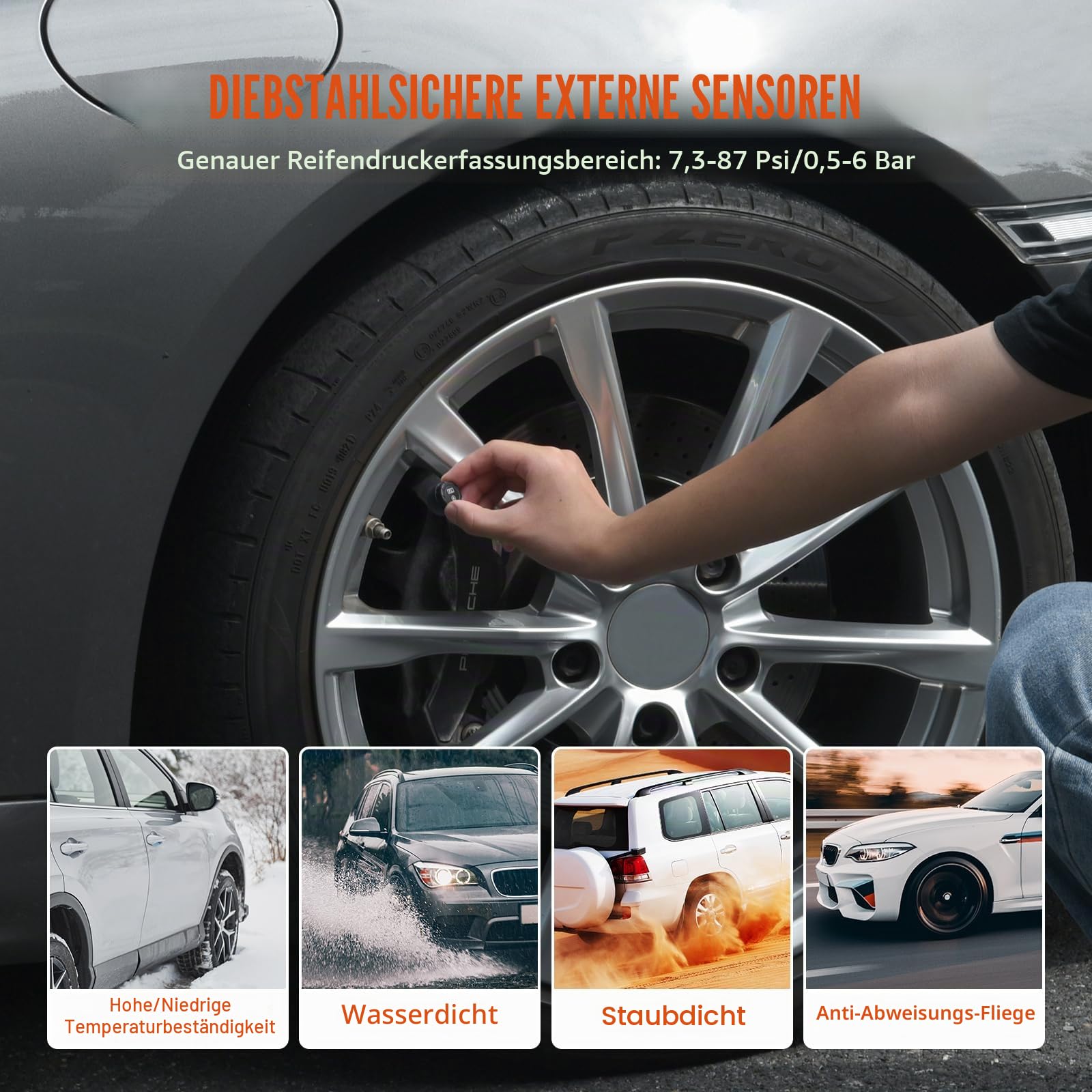 VEVOR Reifendrucküberwachungssystem für Wohnmobile, 7,3–87 psi Anhänger-TPMS, universelles kabelloses Autoalarmsystem wasserdichtes TPMS-Sensorset mit 4 Sensoren 5 Alarmmodi Echtzeitanzeige