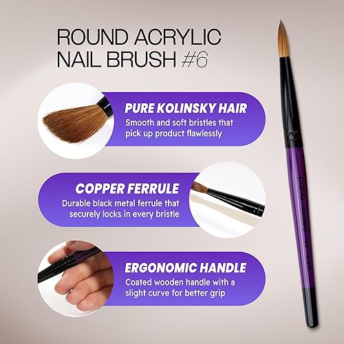 Miniatura 2 de PANA Pure Kolinsky Cepillo de uñas acrílico con mango de madera - forma redonda