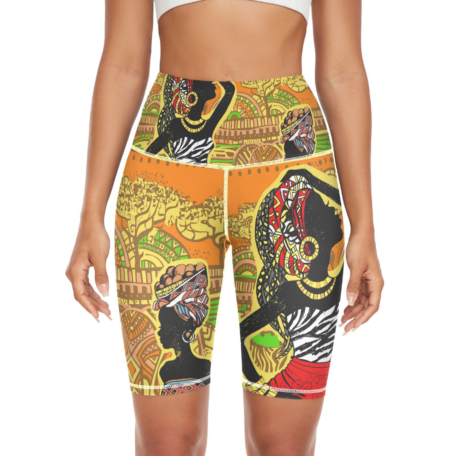 Tribal Ethnic Dark-skinned Woman African landscape Elephant Orange Women High Waist Shorts, Workout Yoga Leggings with Back Pocket, Tummy Control Capri Compression Athletic Running Pants M