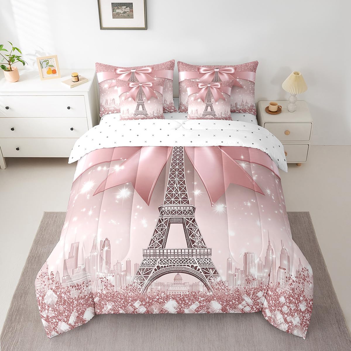 7 Pieces Valentine's Day Comforter Set Full Size, Pink Floral Trees Print Bedding Set for Lover Couple Adults Room Decor, Bicycle Bed in a Bag with Comforter, Fitted Sheet, Top Sheet and Pillowcases