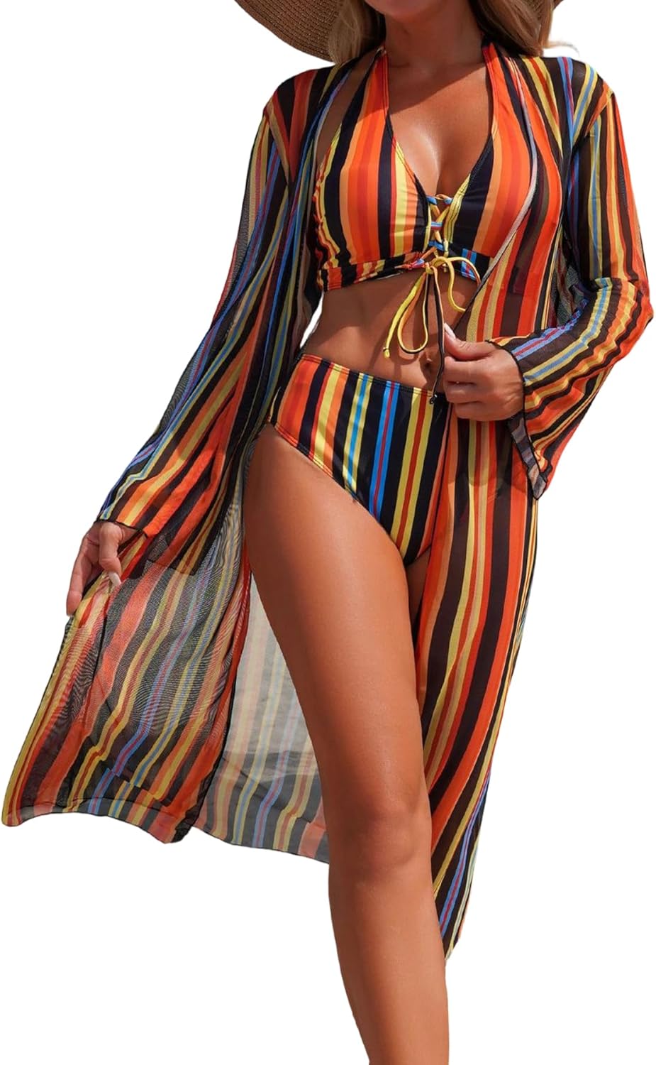 Famnbro Women 3 Pieces Bikini Sets Stripe Drawstring Tummy Control Swimsuits with Cover Ups Kimono Swimwear