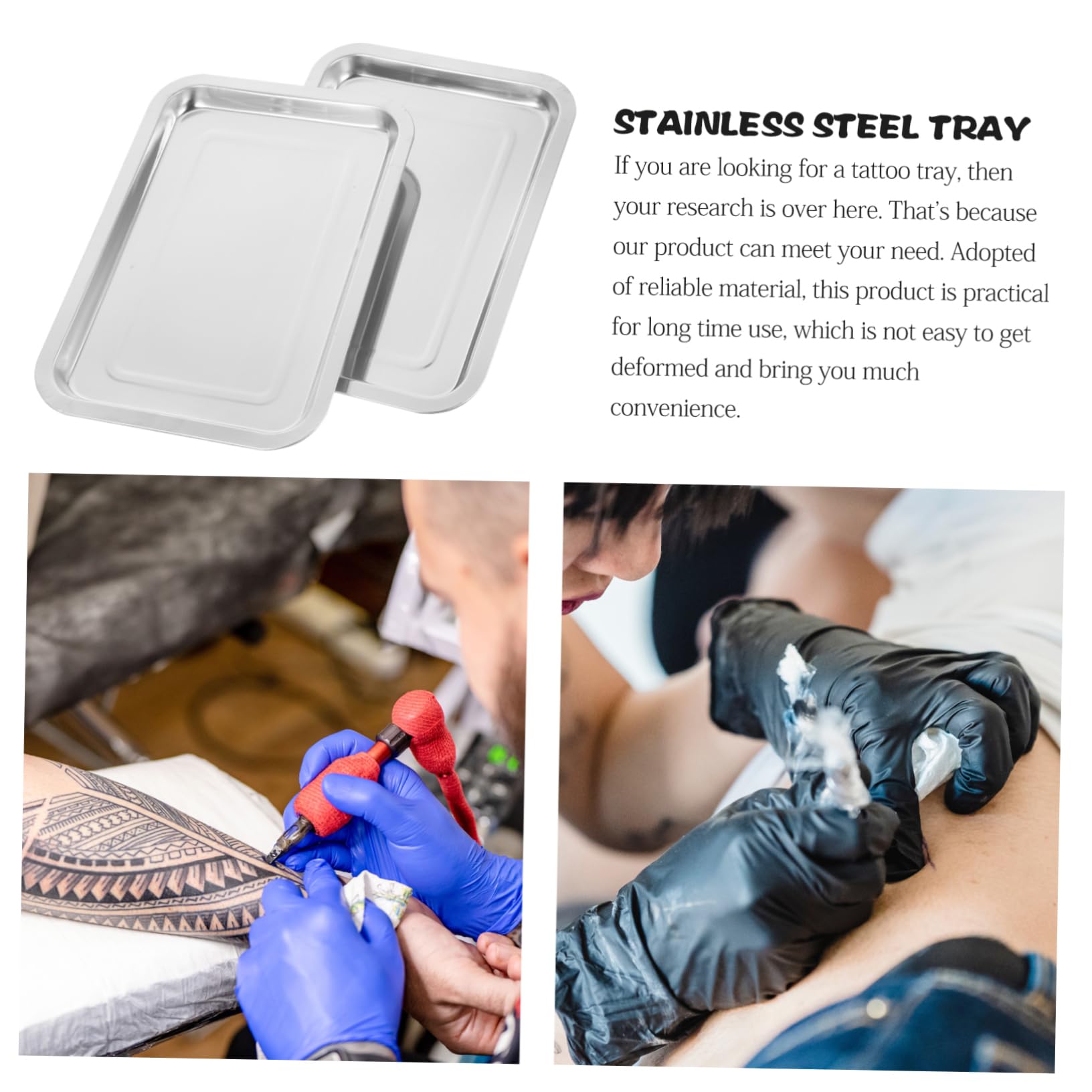COLLBATH 2 Stück Tattoo Edelstahltablett Mittel Flaches Metalltablett mit Erhöhtem Rand für Tattoo Zubehör Arbeitsplatz Tablett Langlebig und Leicht zu Reinigen