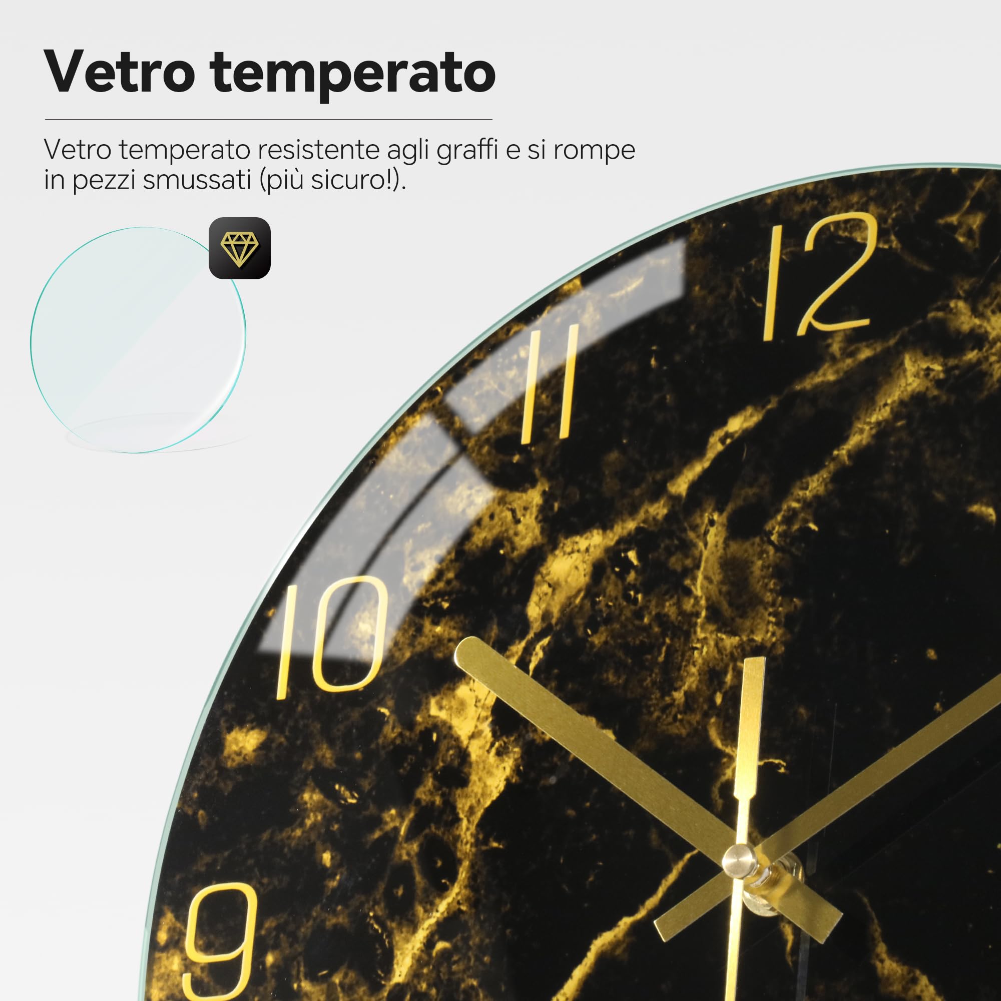 VIKMARI Orologio da Parete Moderno con Texture Marmorea Nero Oro da 30 cm Silenzioso Non Ticchettante a Batteria Orologi a Quarzo Decorazione Rustica per Cucina Camera da Letto Salotto e Ufficio